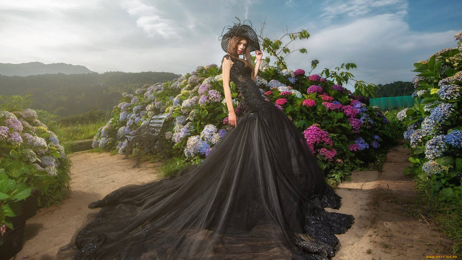 девушки, -, брюнетки, , шатенки, кусты, гортензия, цветы, черное, платье, шатенка, шляпа