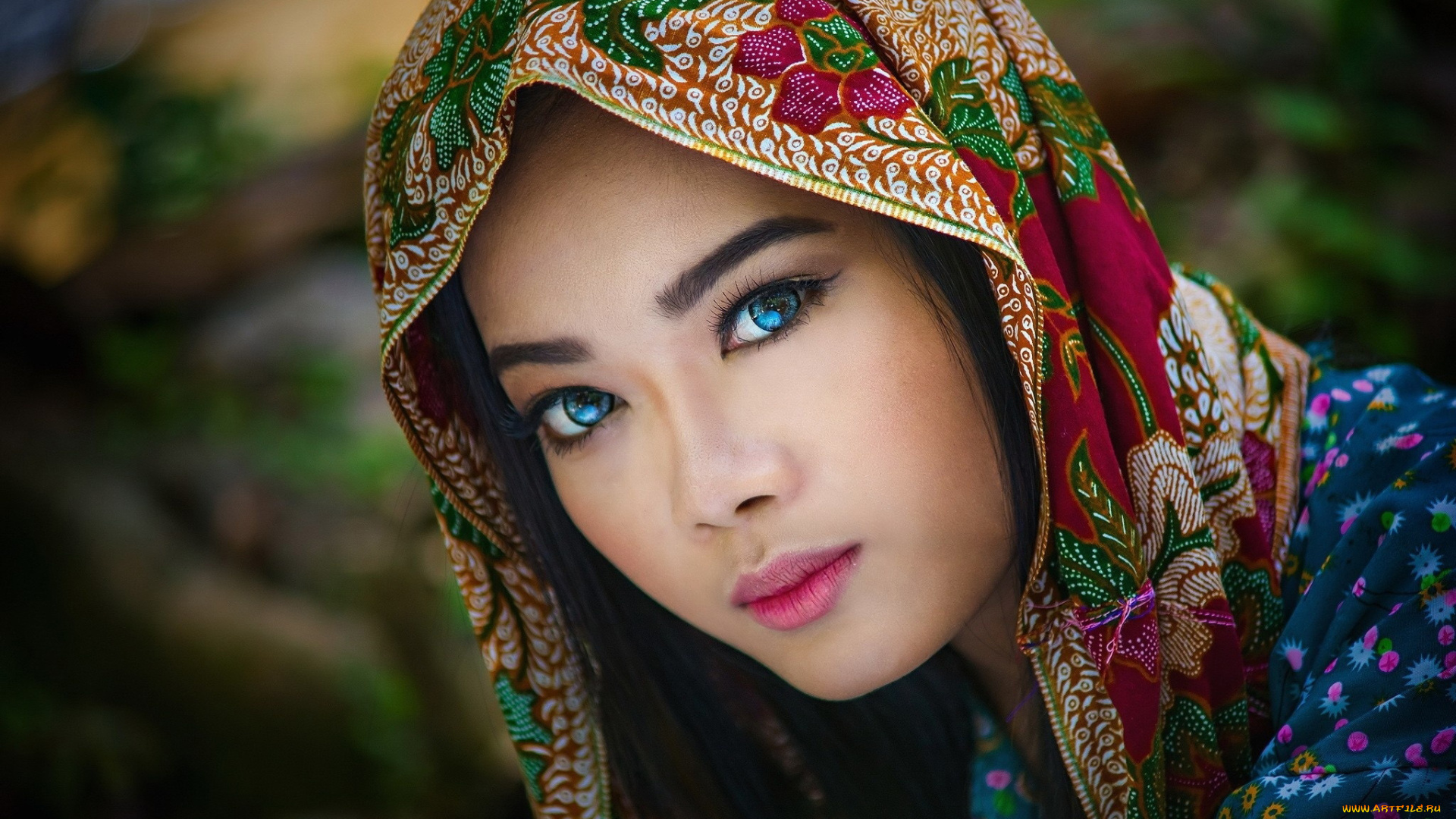 девушки, -, лица, , портреты, платок, синие, глаза, брюнетка