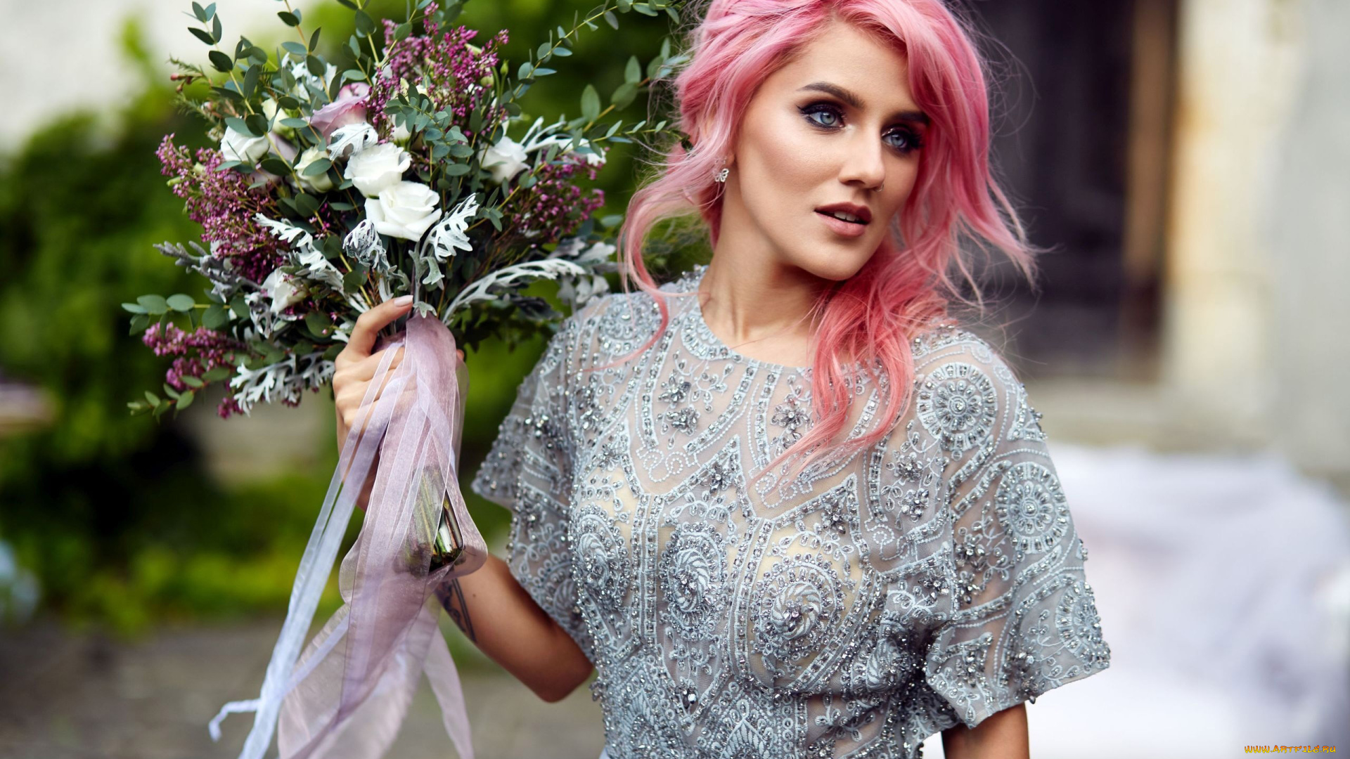 девушки, -, рыжеволосые, и, разноцветные, букет, платье, пайетки, необычные, волосы