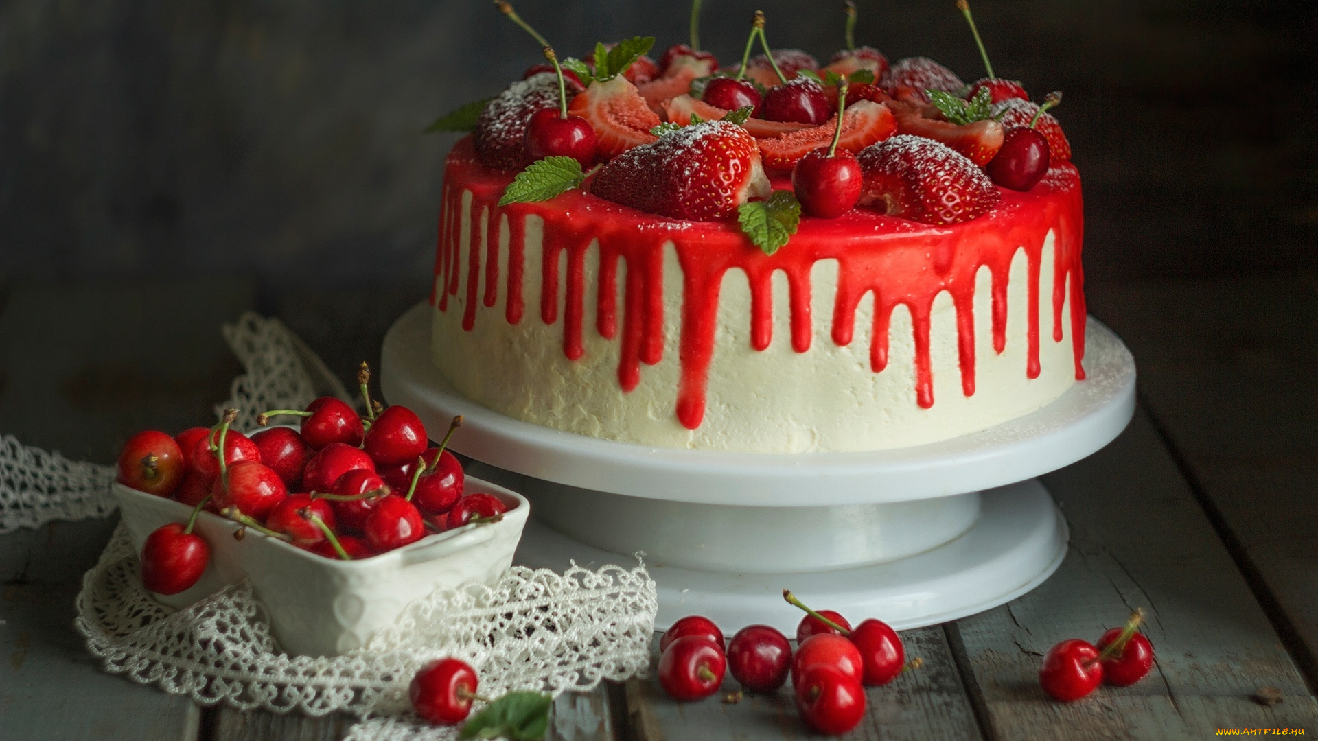 еда, торты, торт, клубника, черешня
