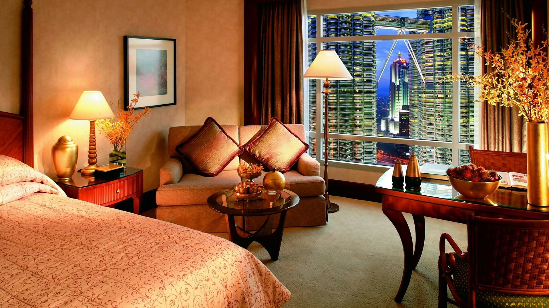 интерьер, спальня, лампа, торшер, кровать, диван