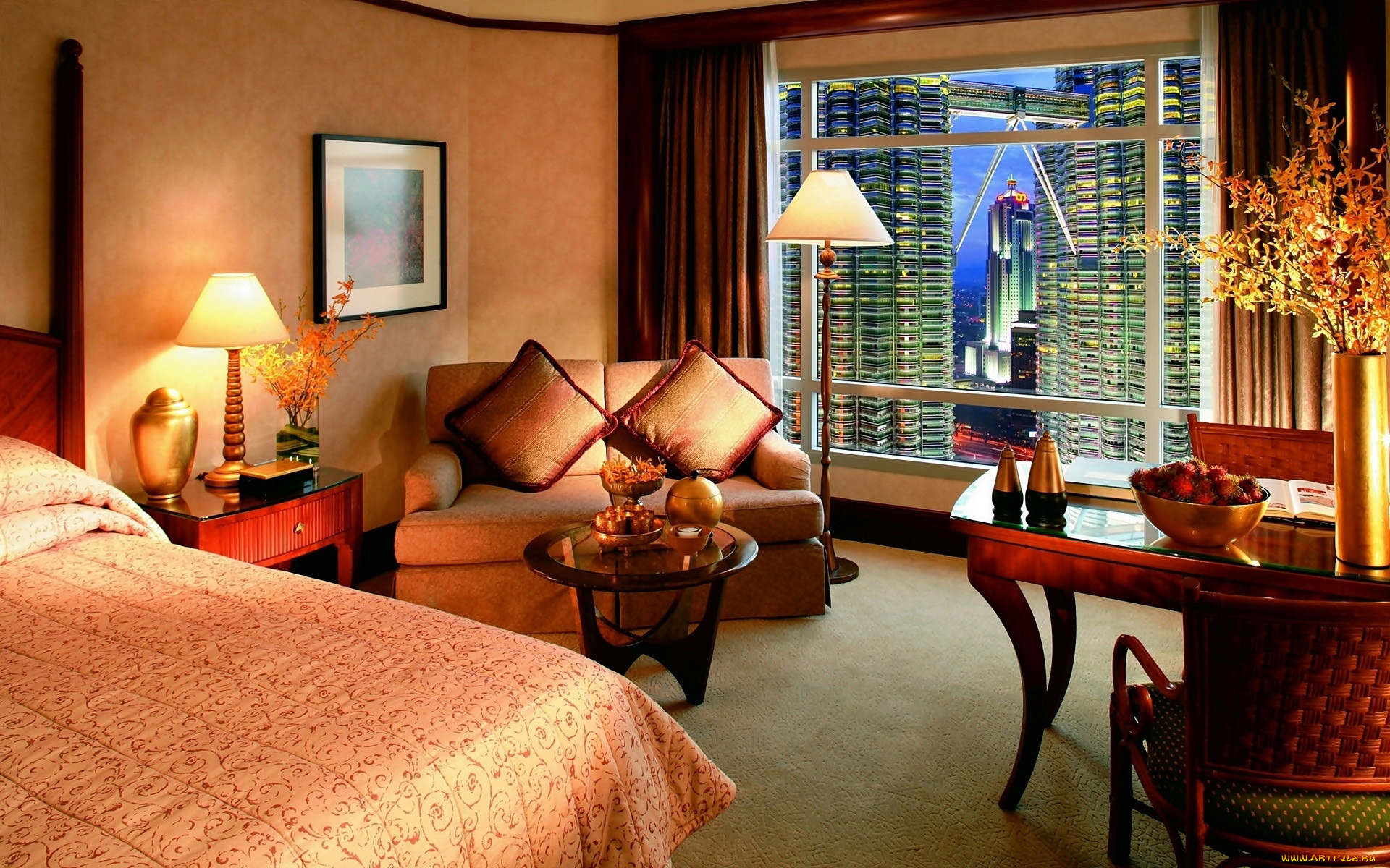 интерьер, спальня, лампа, торшер, кровать, диван