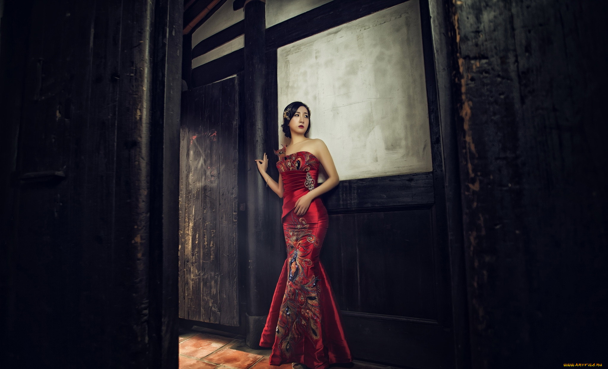 девушки, -, азиатки, нарядное, платье, азиатка, украшения