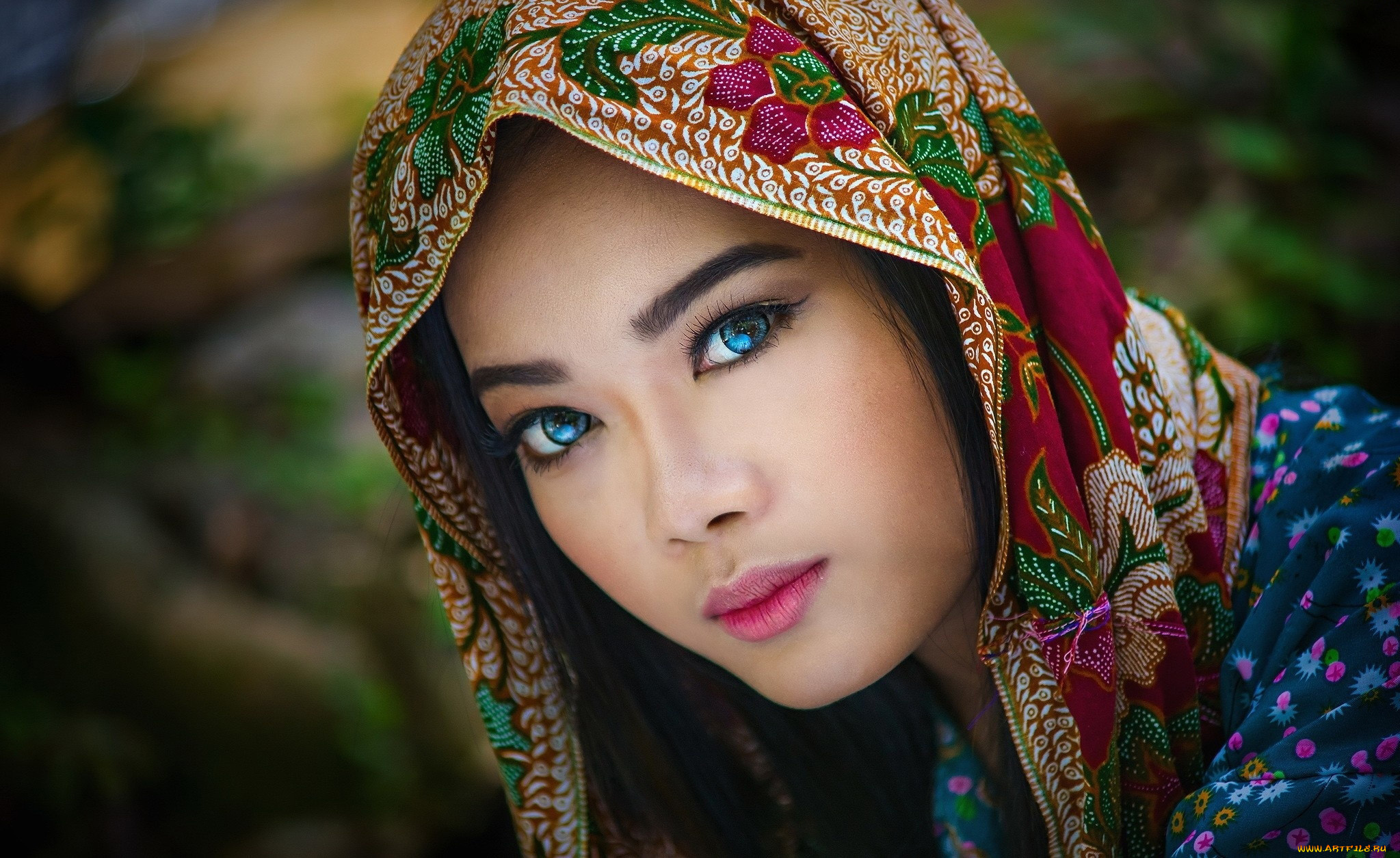 девушки, -, лица, , портреты, платок, синие, глаза, брюнетка