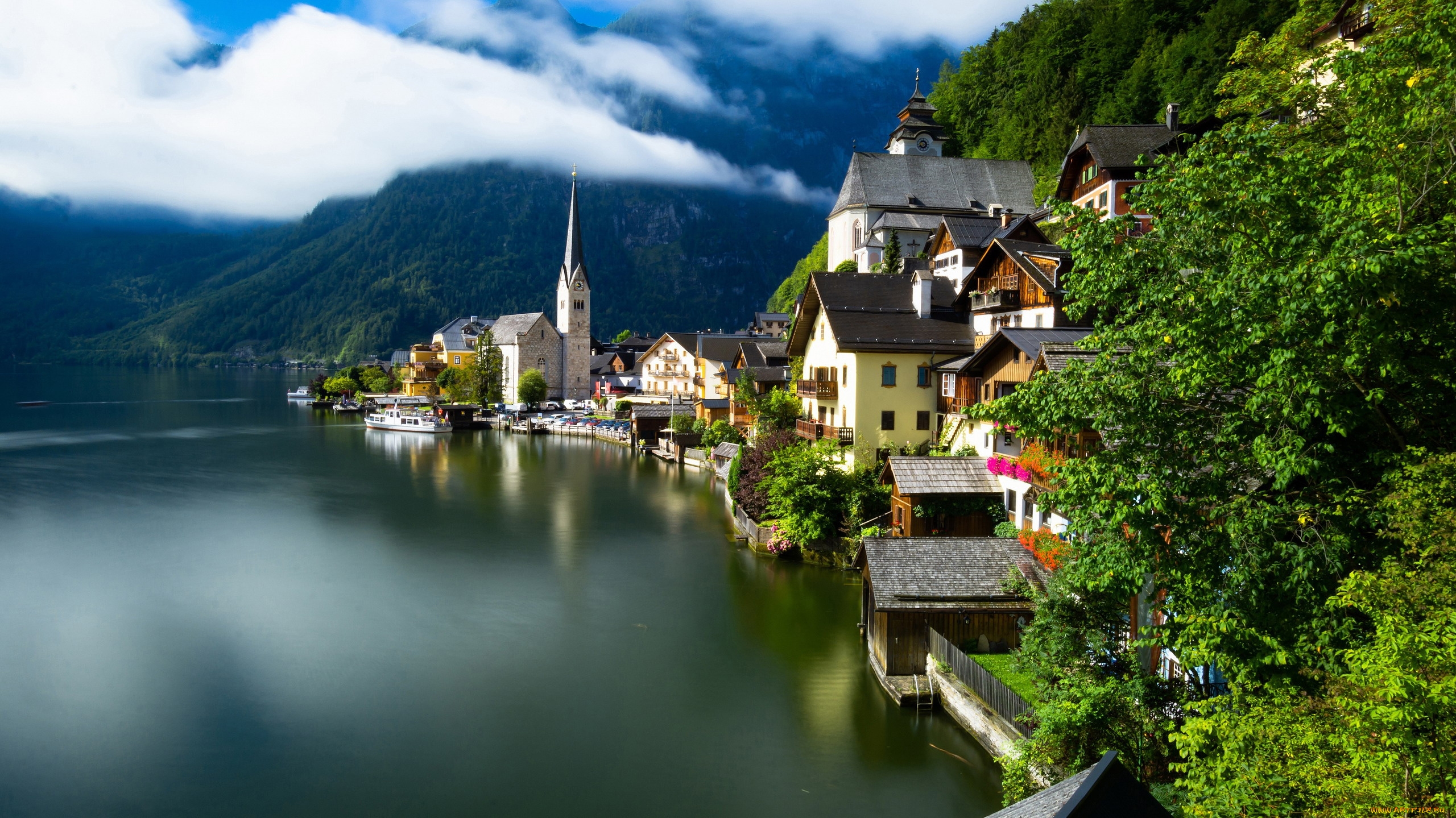 города, гальштат, , австрия, горы, озеро, туман