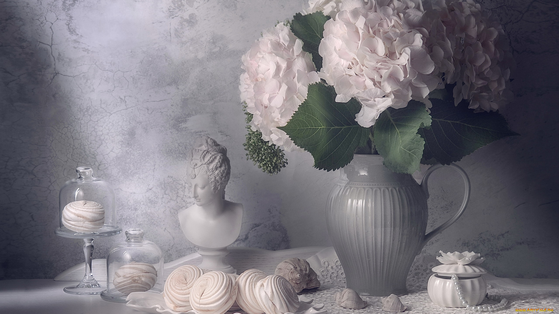 еда, натюрморт, бюст, гортензия, букет, зефир