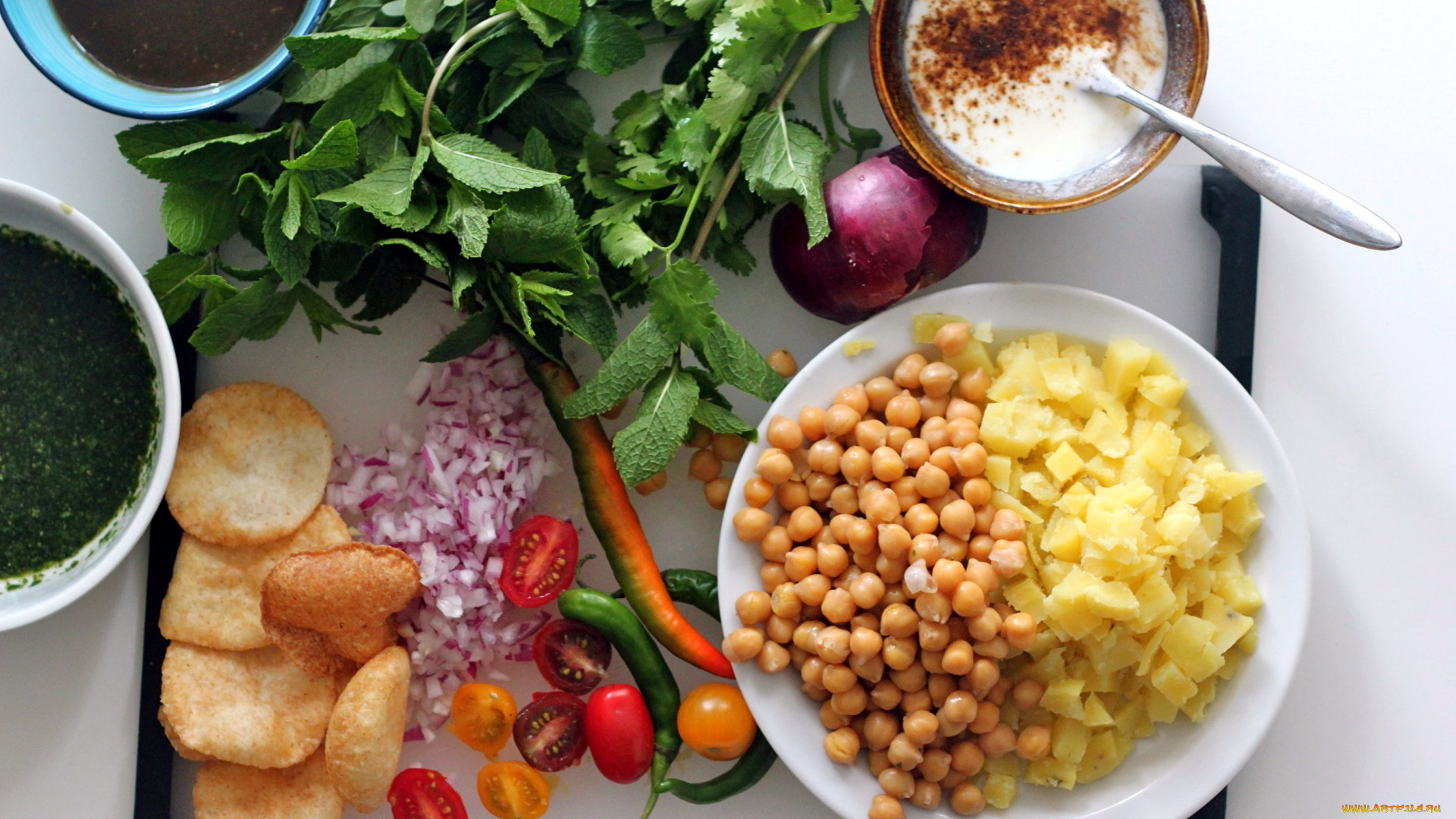 еда, разное, индийская, кухня, нут, перец, зелень, соус