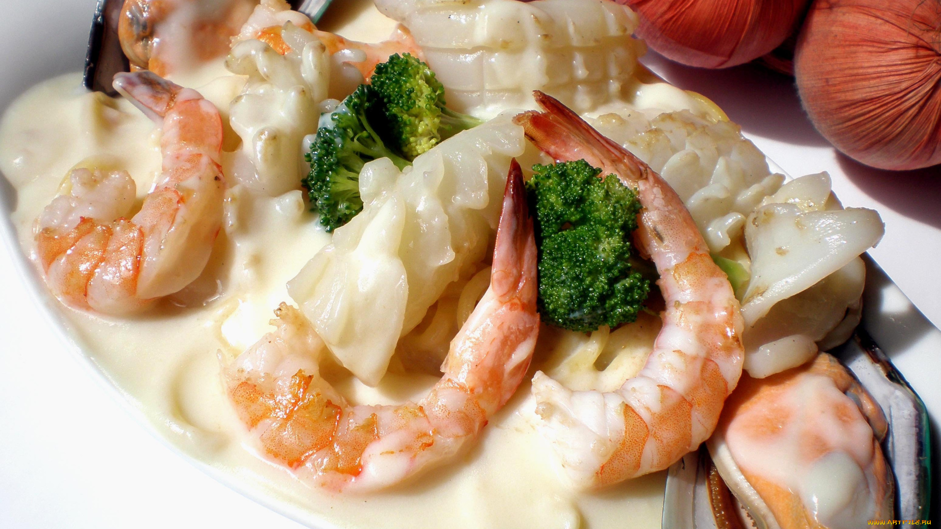 еда, рыбные, блюда, , с, морепродуктами, креветки, мидии, соус, брокколи
