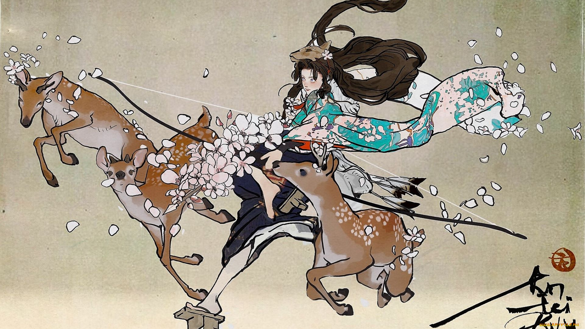 фэнтези, девушки, девушка, олени, цветы, лук