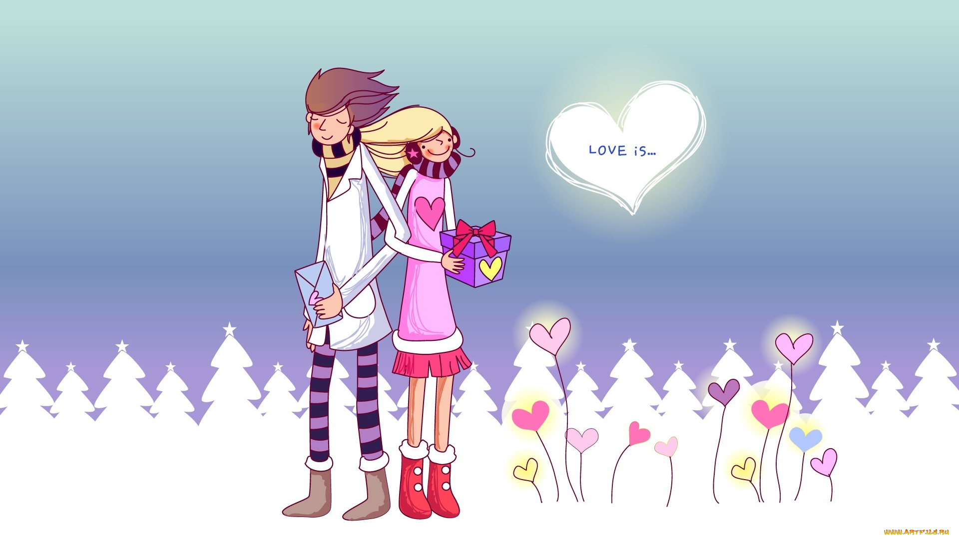 рисованное, праздники, пара, сердечки, подарки, любовь