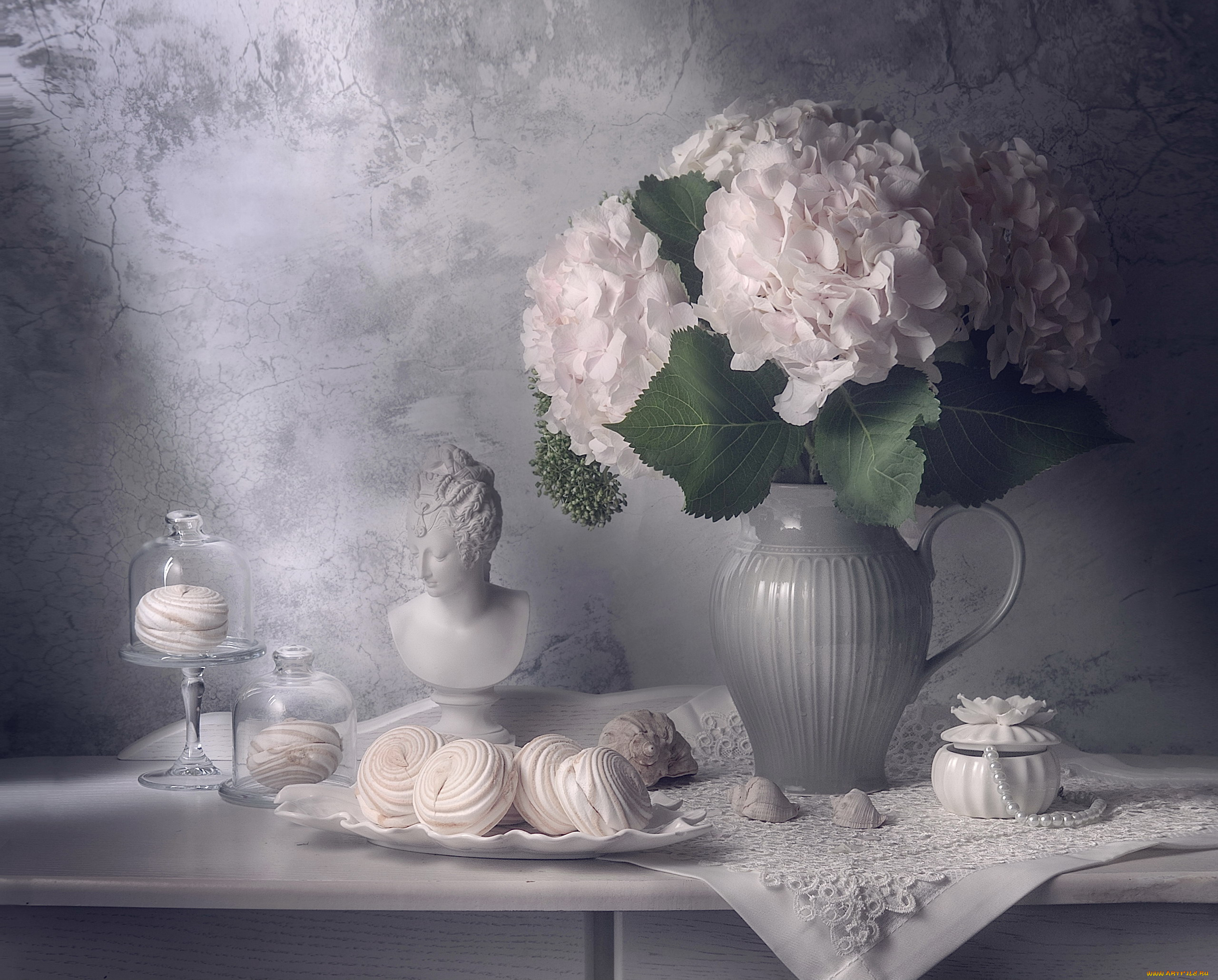 еда, натюрморт, бюст, гортензия, букет, зефир