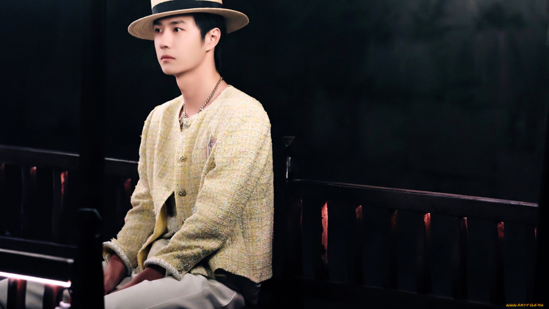 мужчины, wang, yi, bo, актер, шляпа, пиджак, скамейка