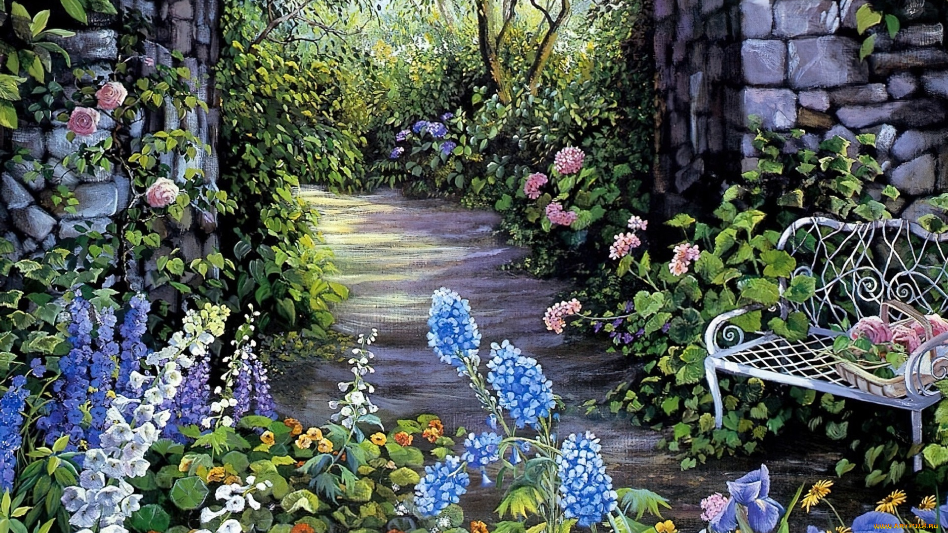 susan, rios, рисованное, цветы, сад, арка, скамейка