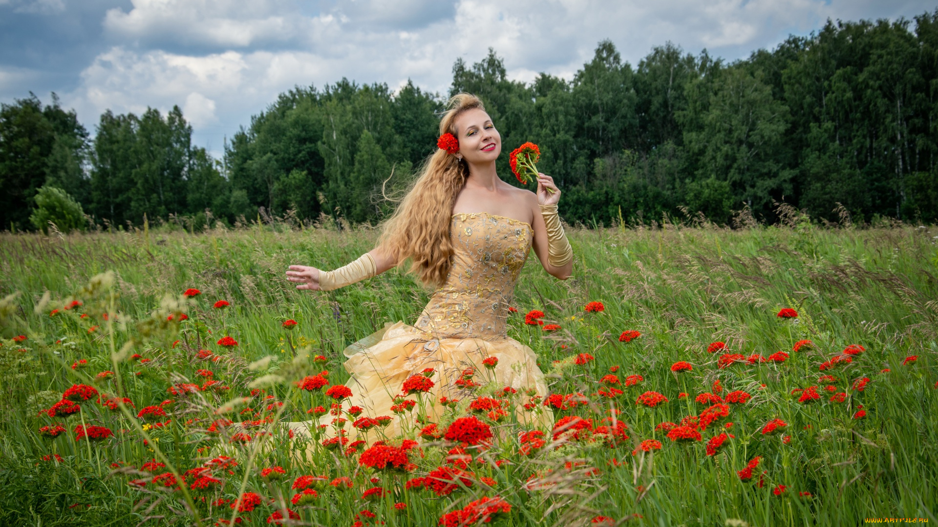 девушки, виктория, бородинова, луг, цветы, трава, блондинка