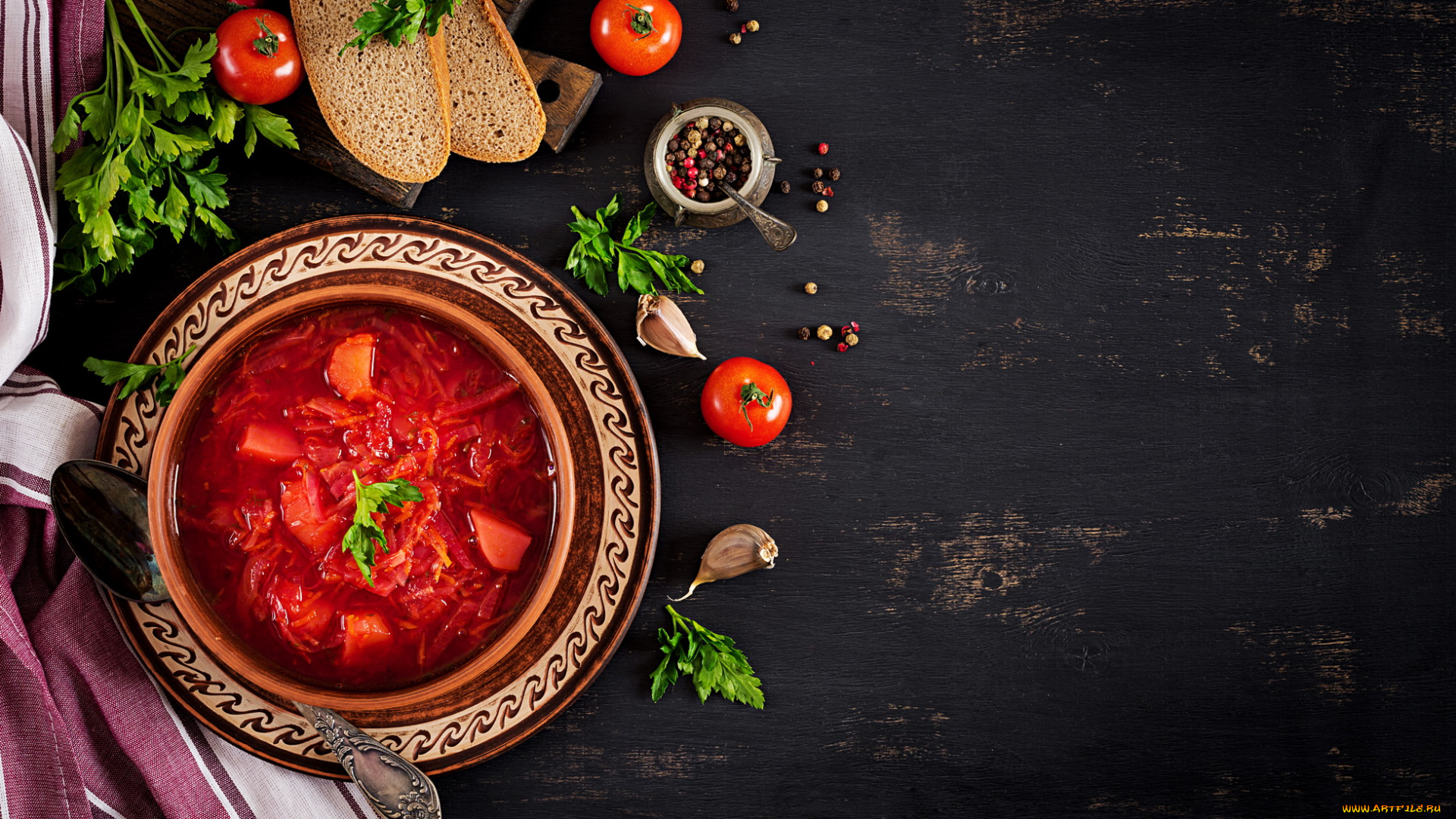 еда, первые, блюда, помидоры, перец, чеснок, петрушка, борщ