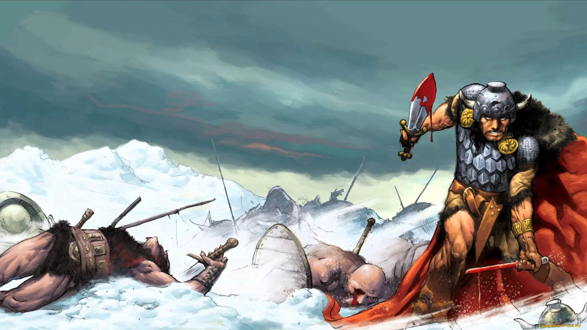 фэнтези, люди, конан, варвары, оружие, кровь, битва, снег
