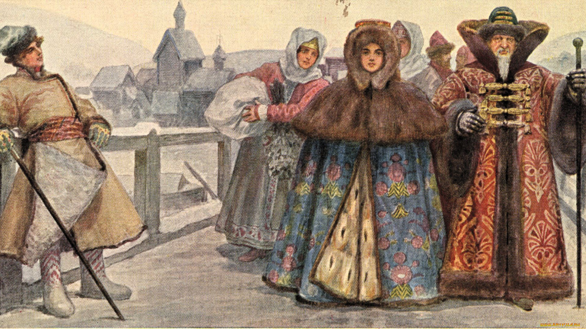 сергей, соломко, рисованное, живопись, люди, бояре, наряды, мост, город