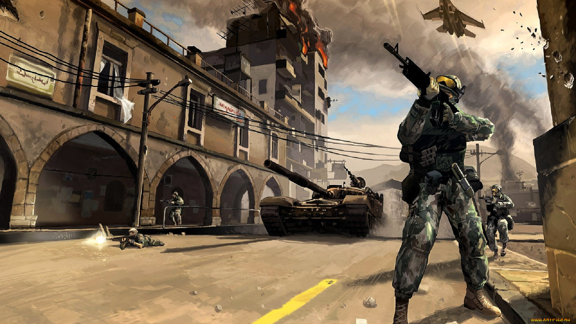 видео, игры, battlefield, 2, , special, forces, город, дорога, танк, солдаты, самолеты, пожар