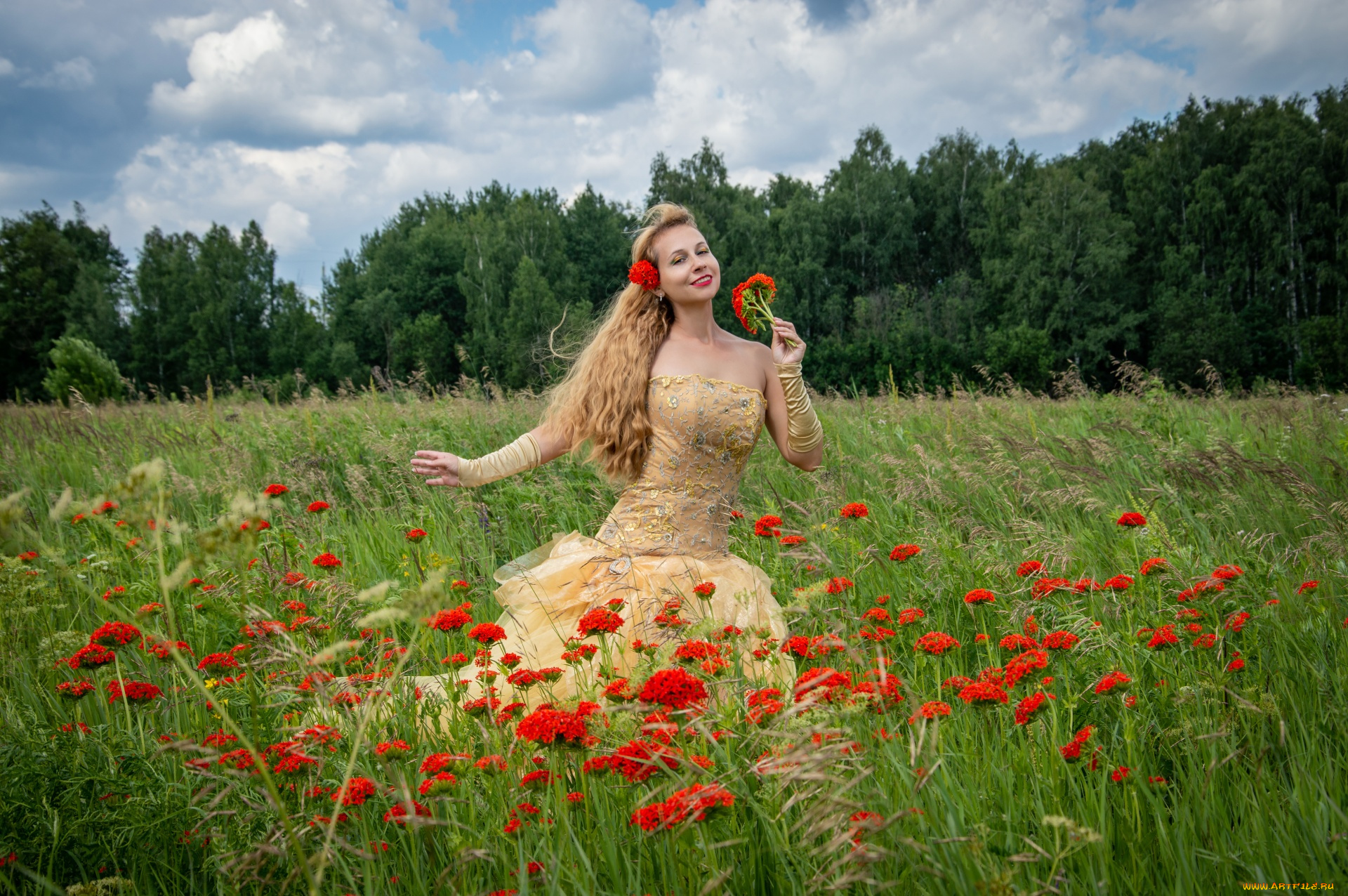 девушки, виктория, бородинова, луг, цветы, трава, блондинка