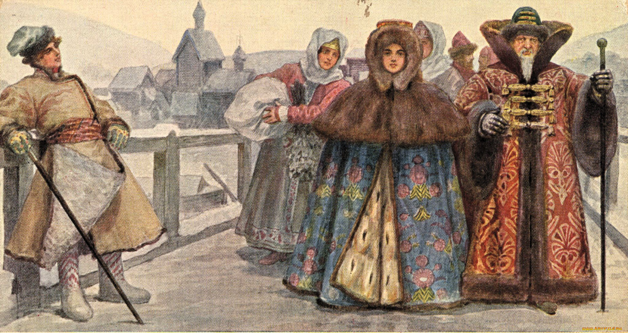 сергей, соломко, рисованное, живопись, люди, бояре, наряды, мост, город