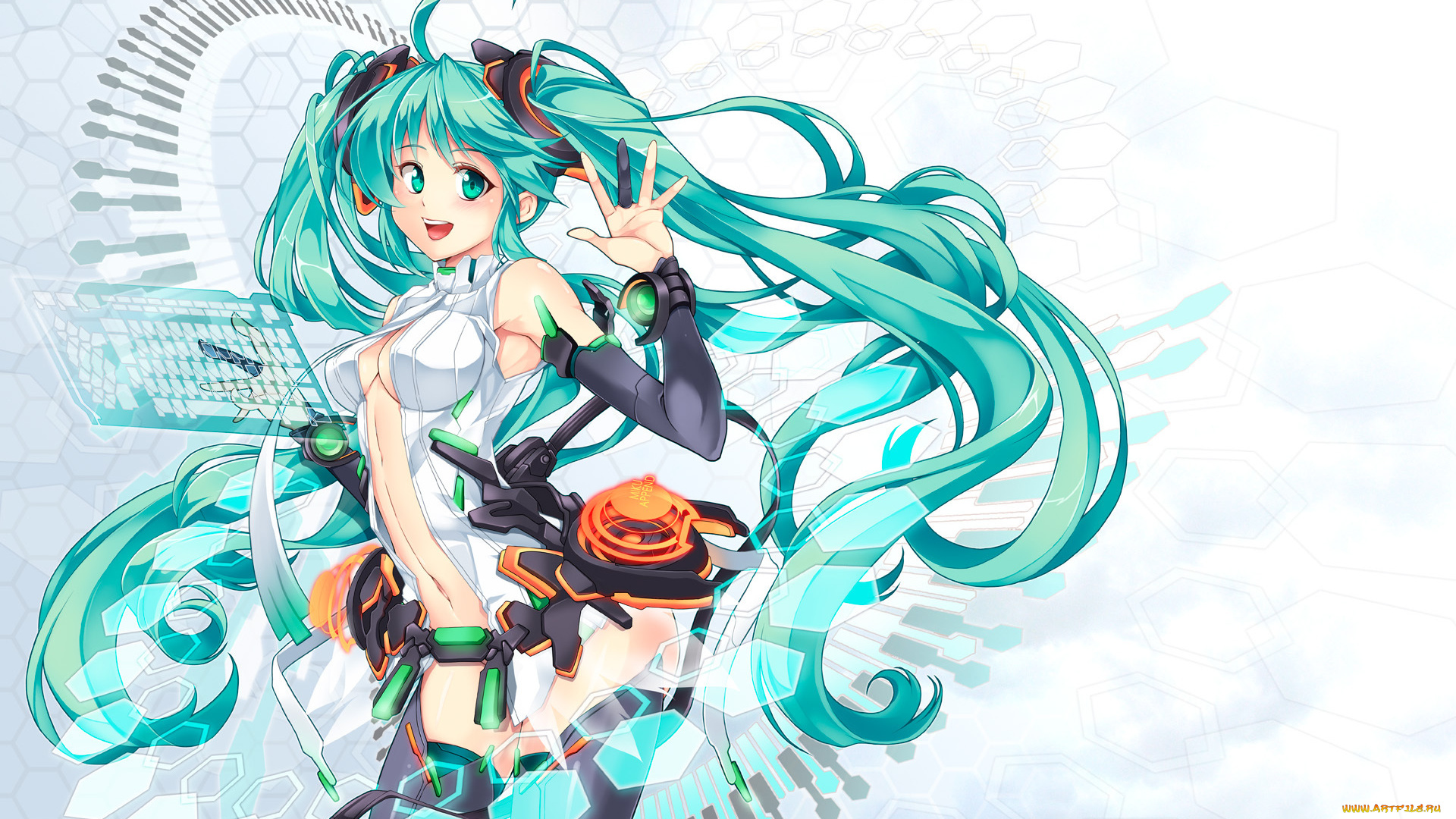 аниме, vocaloid, хатсуне, мику, клавиатура, улыбка, взгляд, hatsune, miku, vokaloid