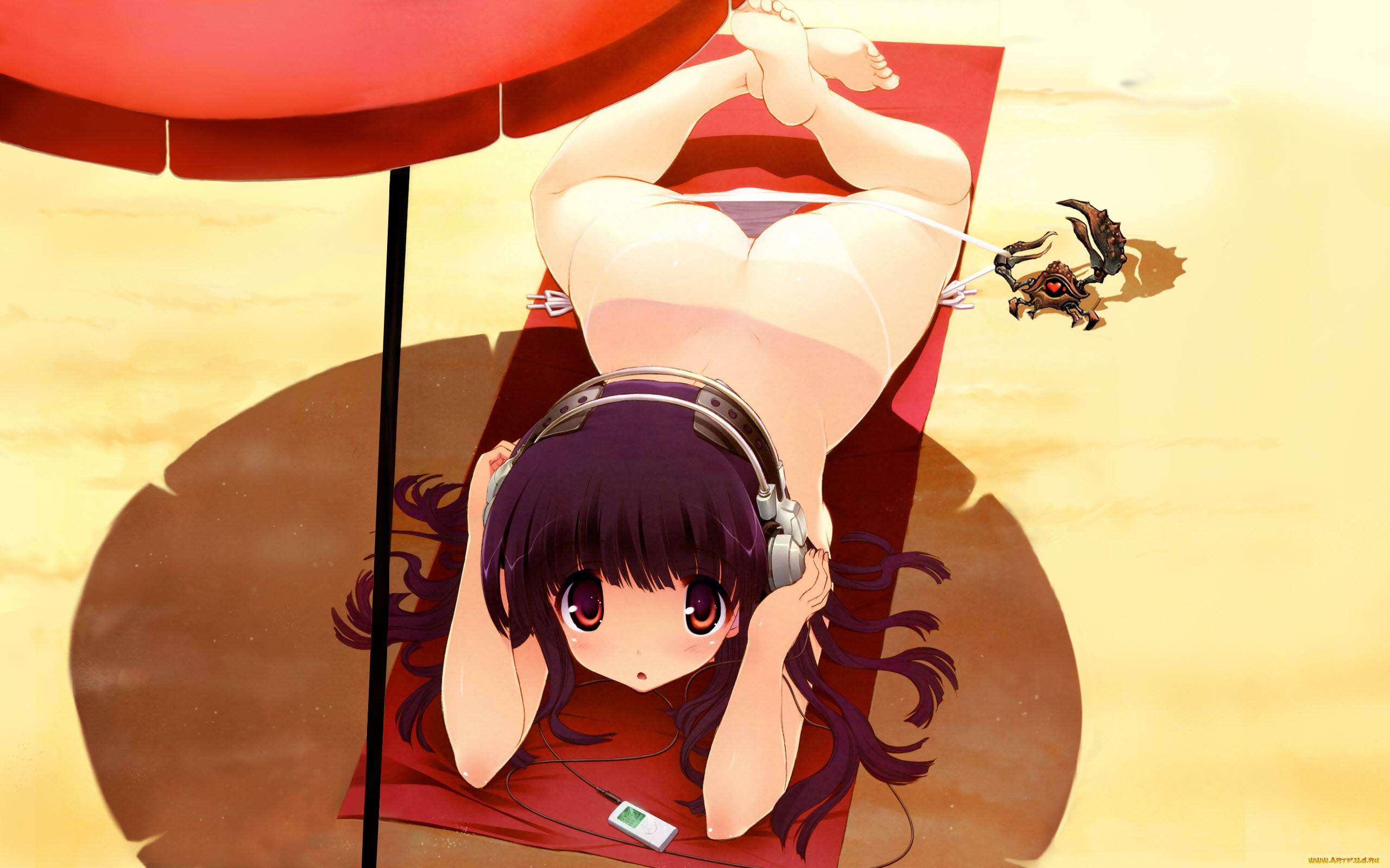 аниме, headphones, instrumental, тень, зонтик, пляж, девушка, наушники, плеер, песок