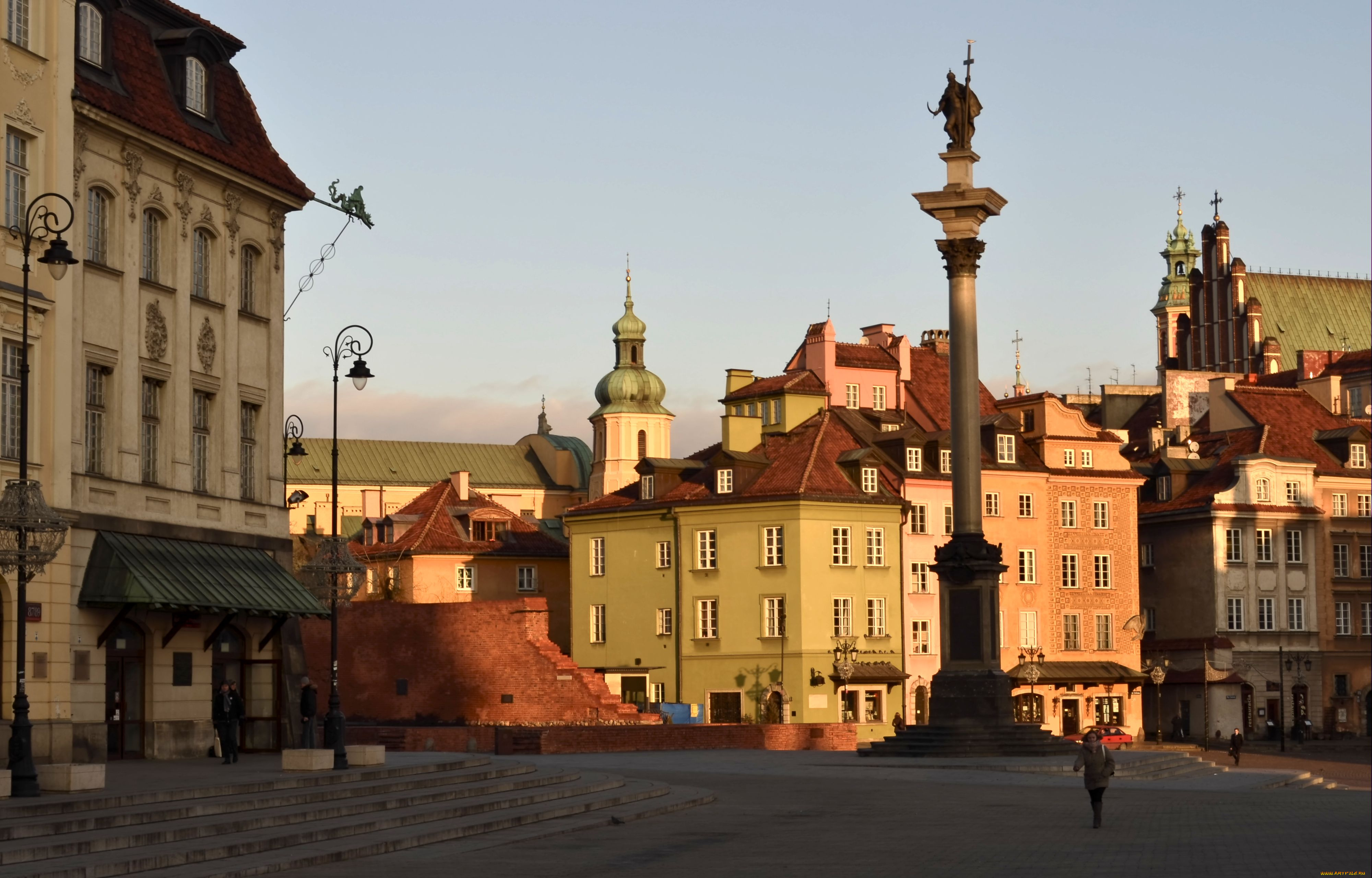 города, варшава, польша, дома, стела, фонарь, площадь