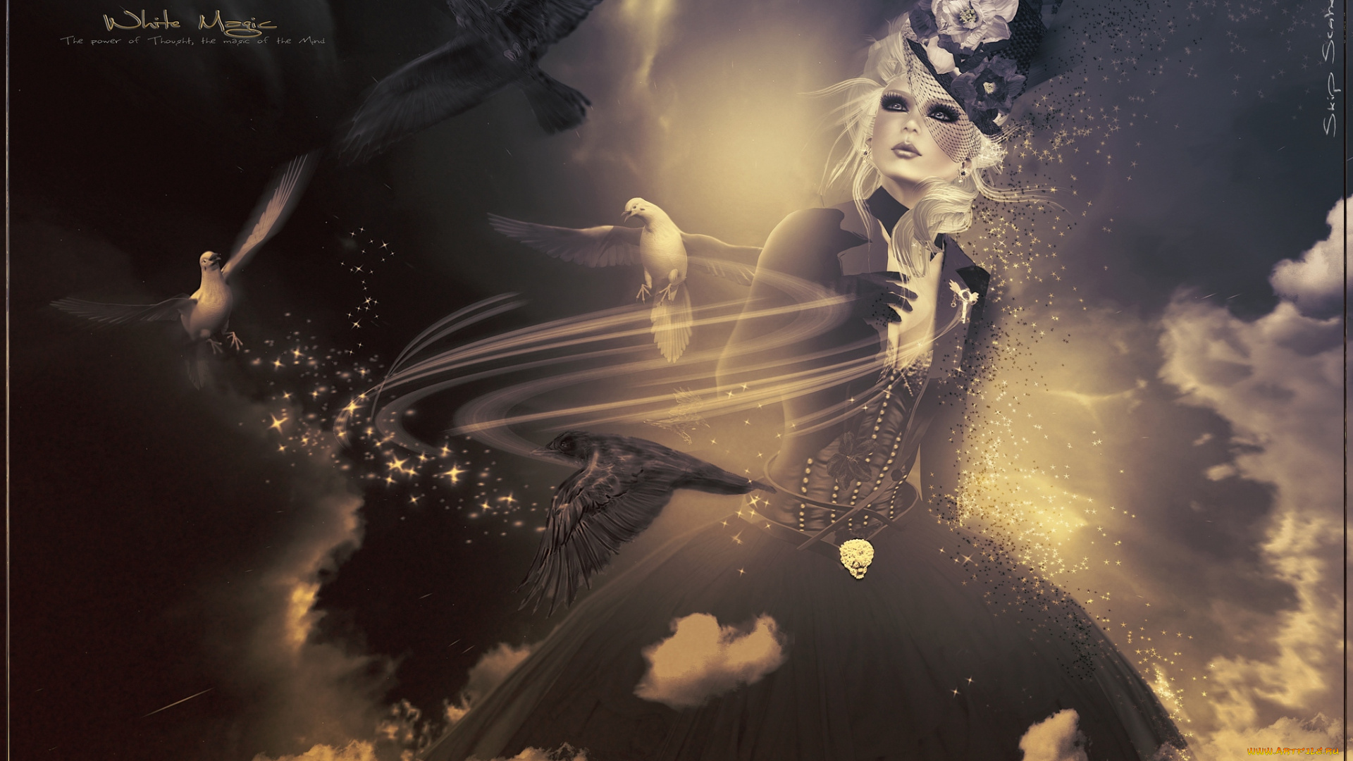 3д, графика, fantasy, фантазия, девушка, вороны, голуби