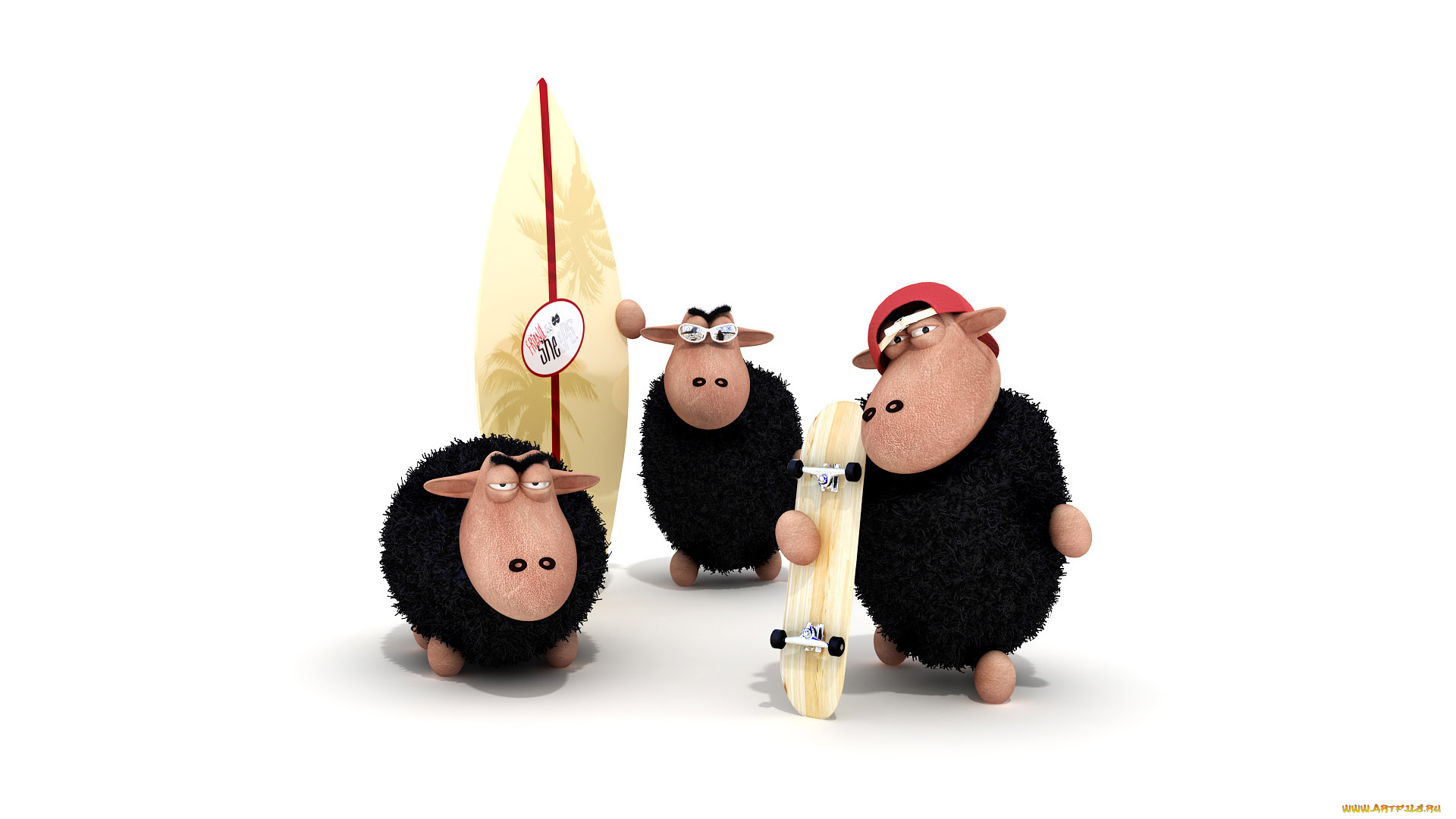 3д, графика, humor, юмор, овцы, скейтборд, доска, черные