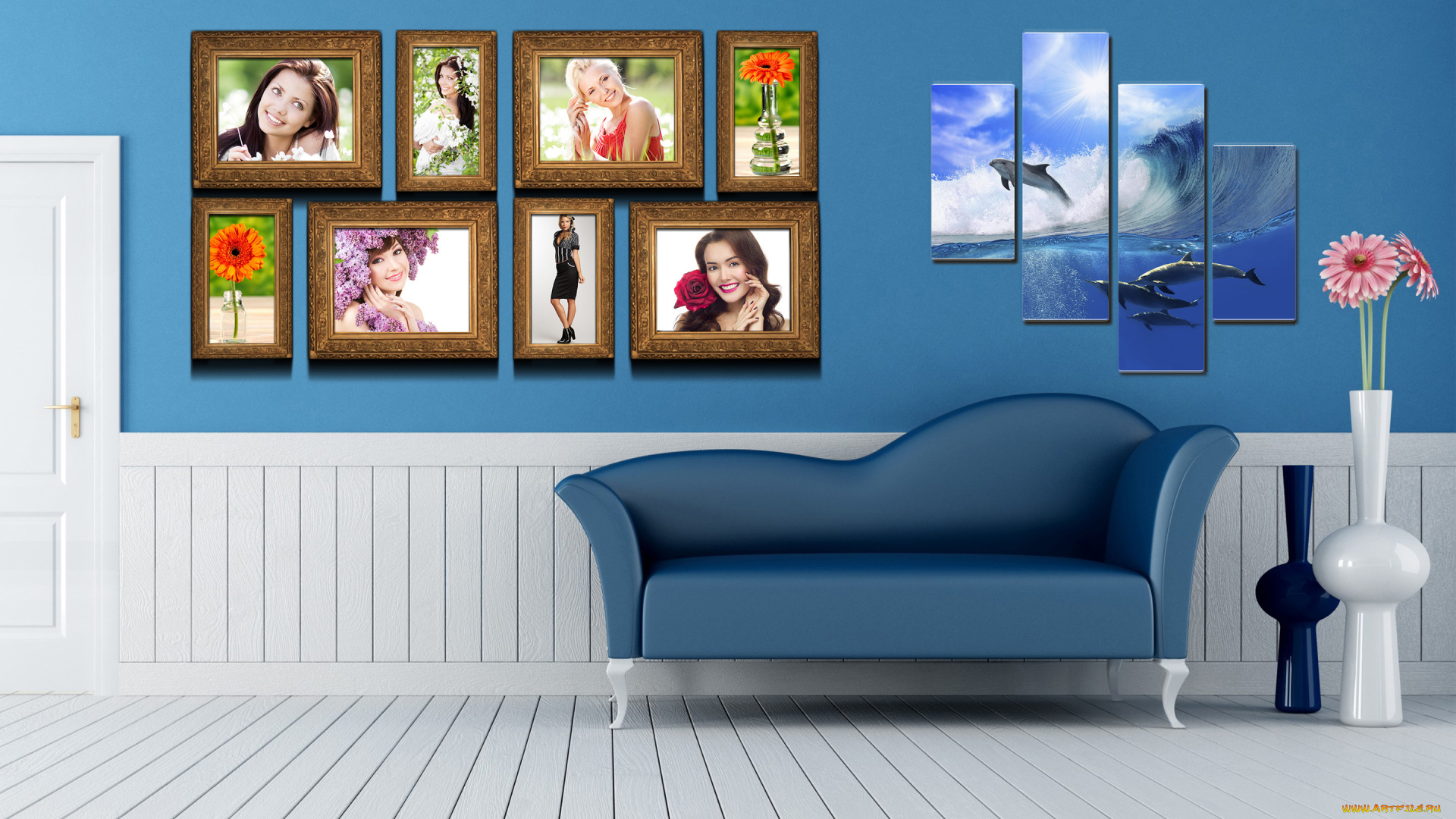 3д, графика, realism, реализм, вазы, картины, диван, цветы, дельфины, интерьер