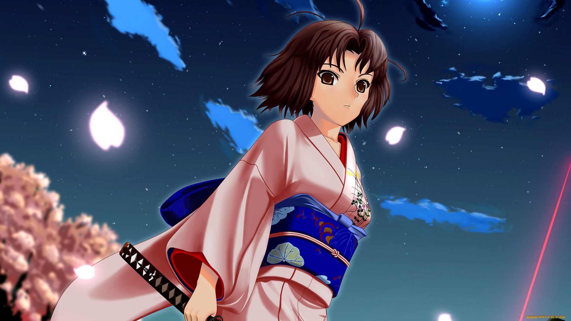 аниме, kara, no, kyokai, кимоно, девушка, вечер