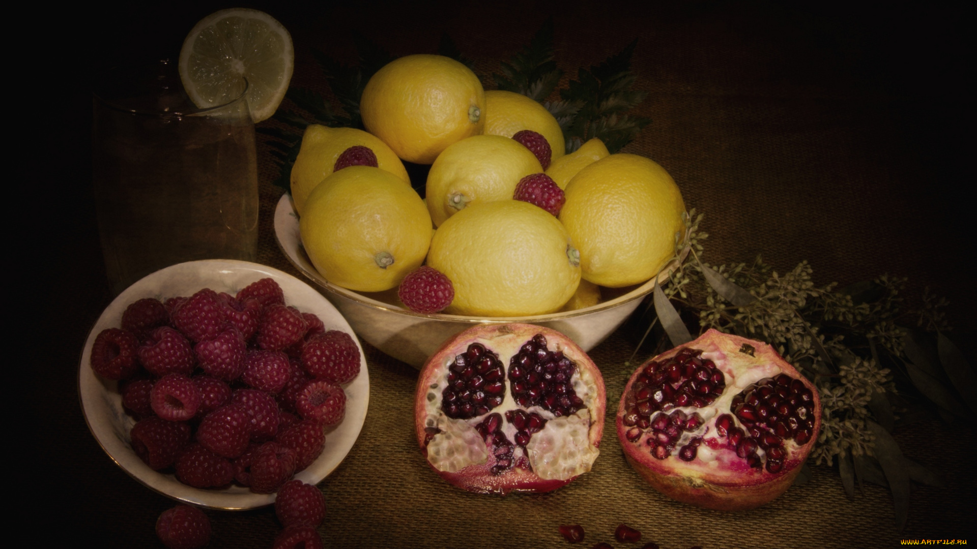 еда, фрукты, ягоды, малина, гранат, лимоны