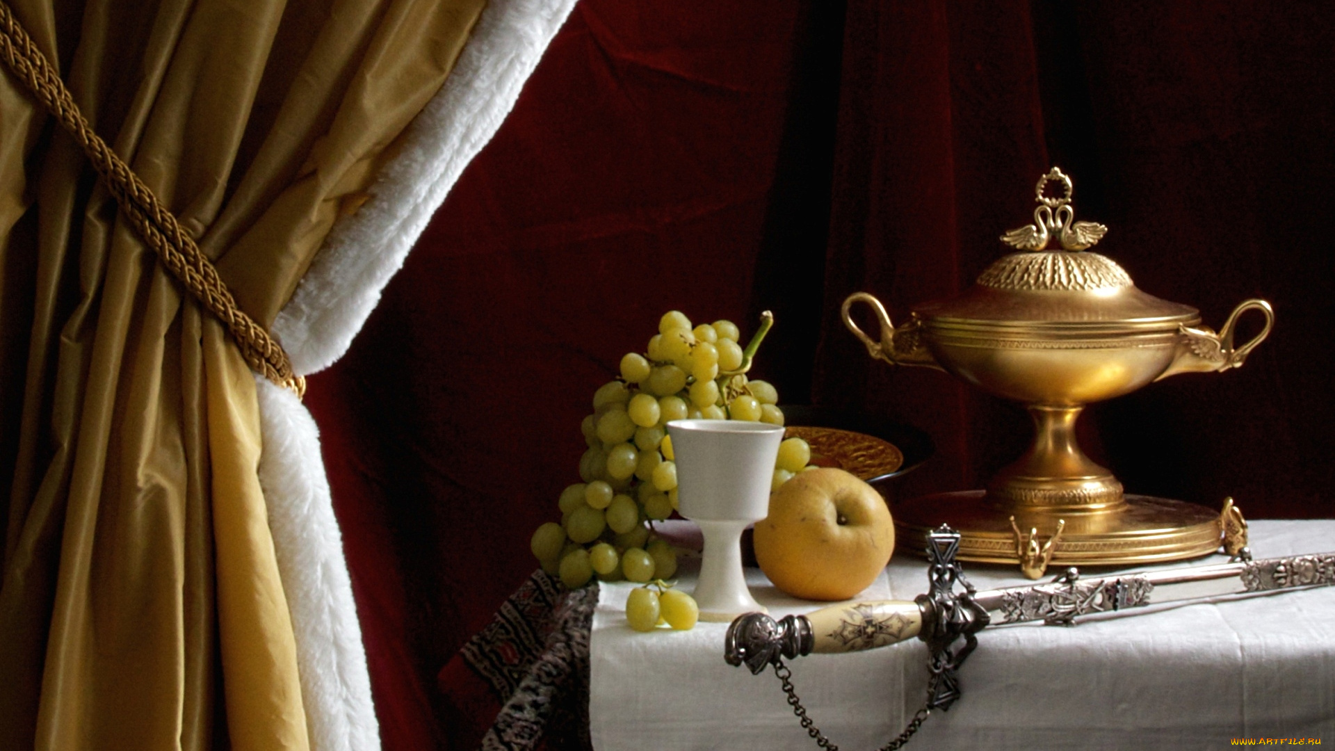 еда, натюрморт, меч, яблоко, виноград, штора