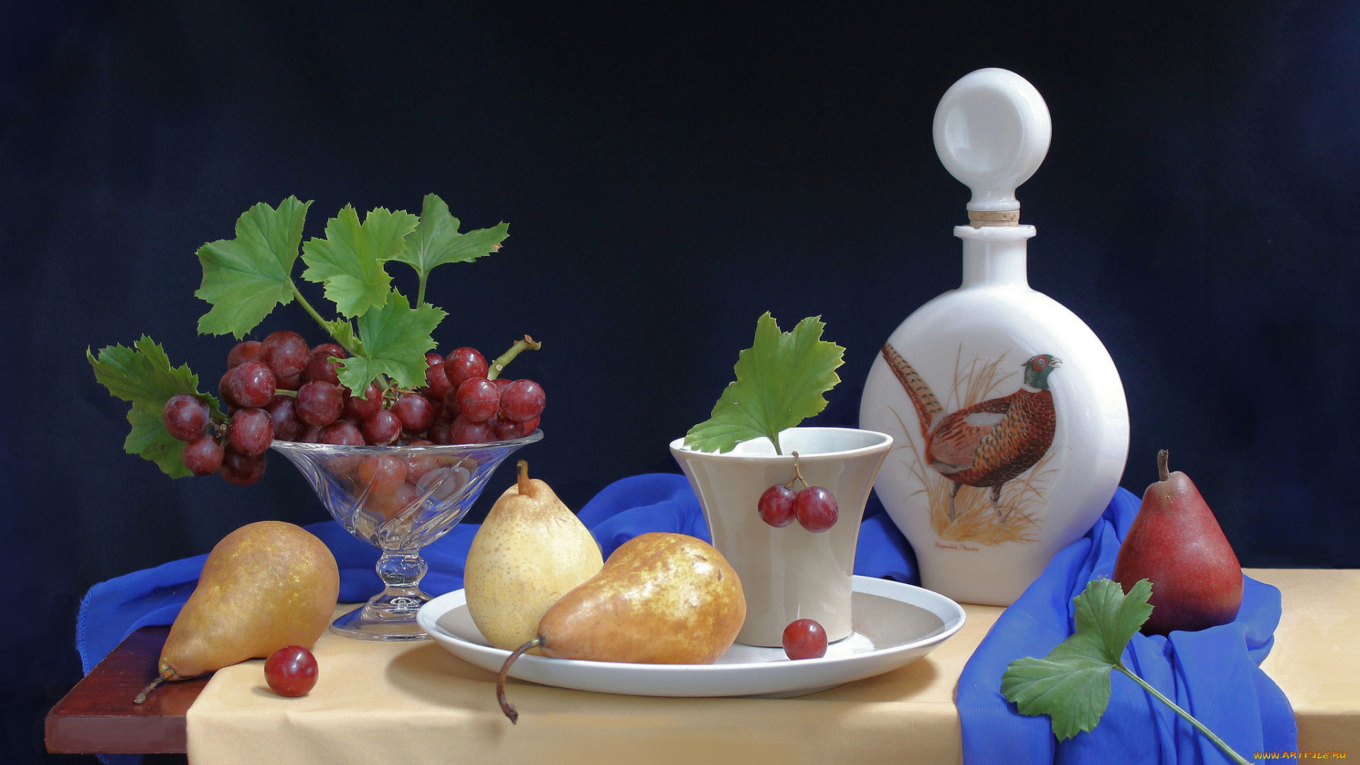 еда, натюрморт, посуда, фазан, виноград, груши