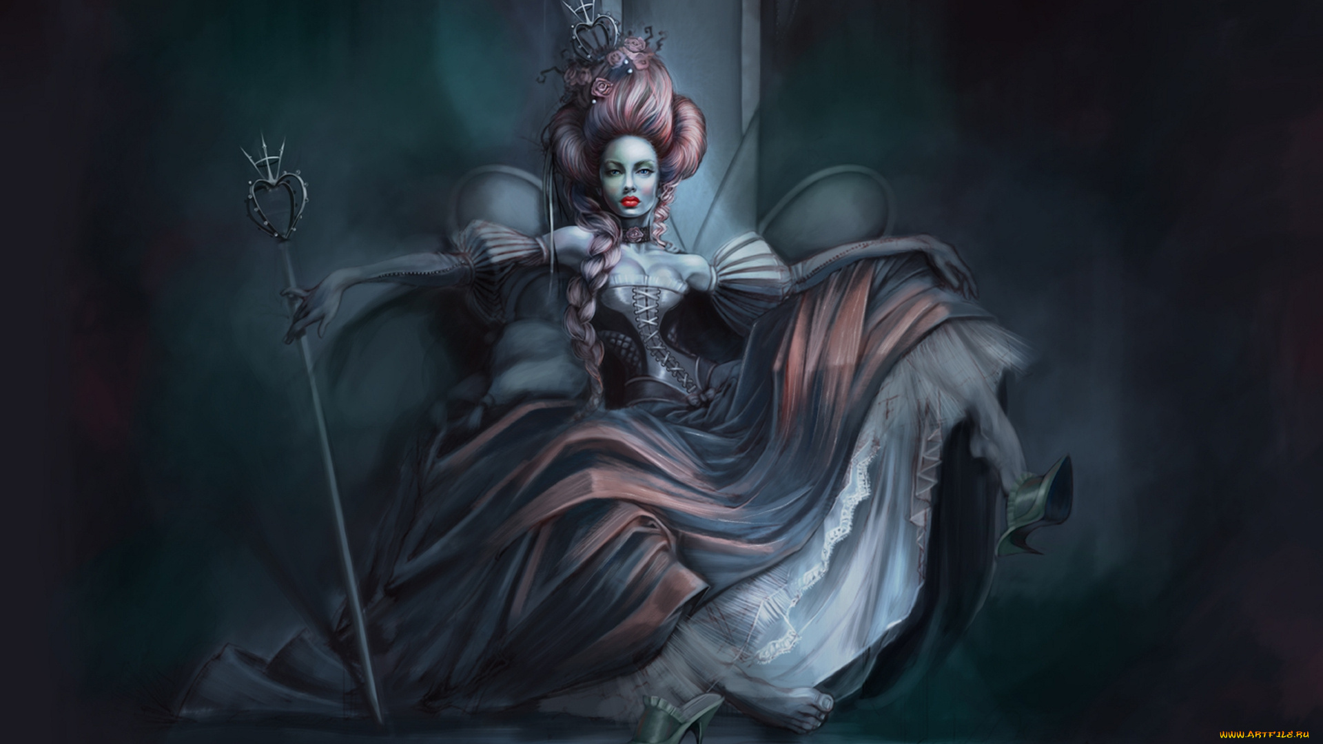 фэнтези, девушки, корона, коса, поза, трон, девушка