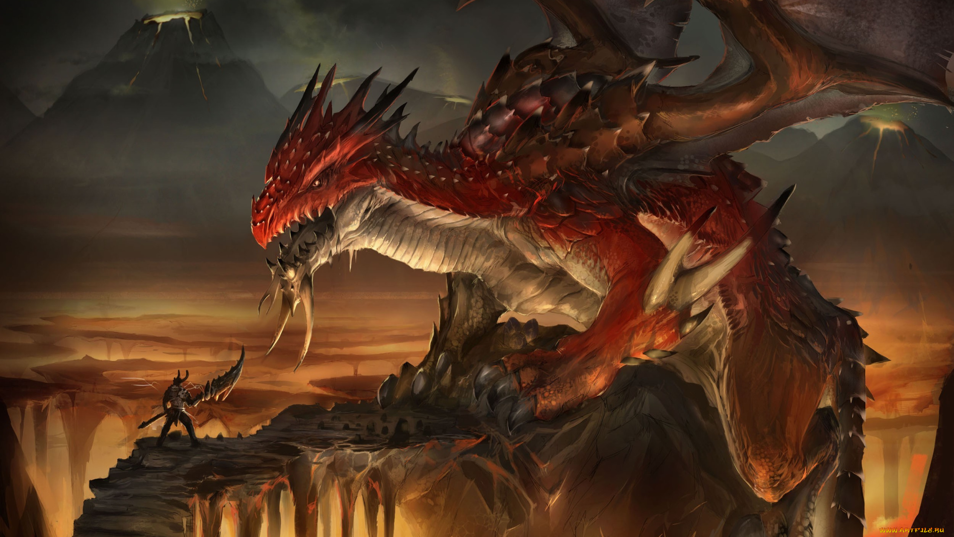 фэнтези, драконы, лава, скалы, оружие, вулканы, воин, дракон