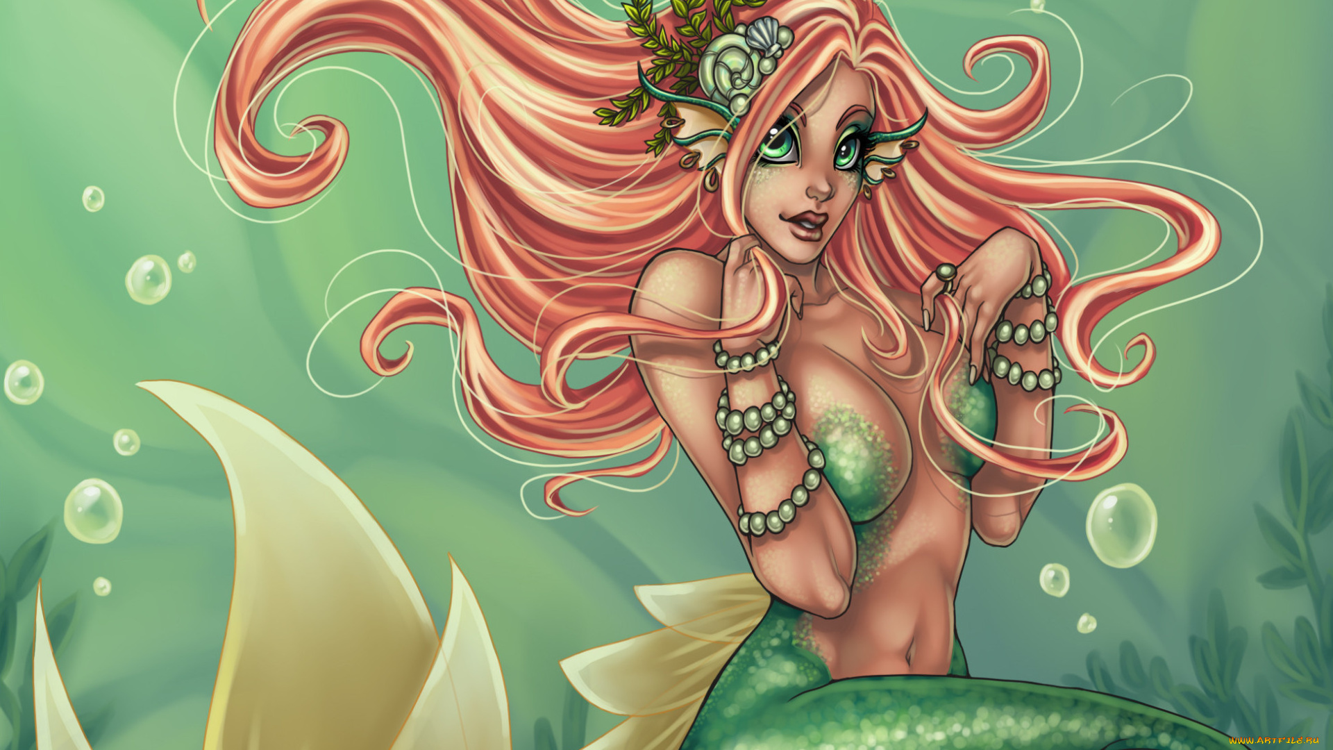 фэнтези, русалки, лицо, жемчуг, волосы, ракушки, русалка, хвост, дно, моря, пузырьки, взгляд