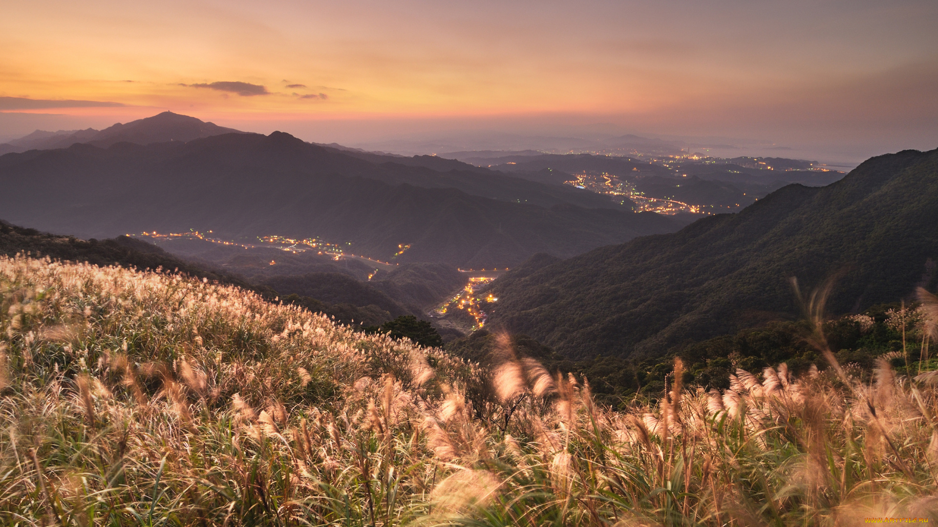 природа, горы, закат, долина, трава, огни