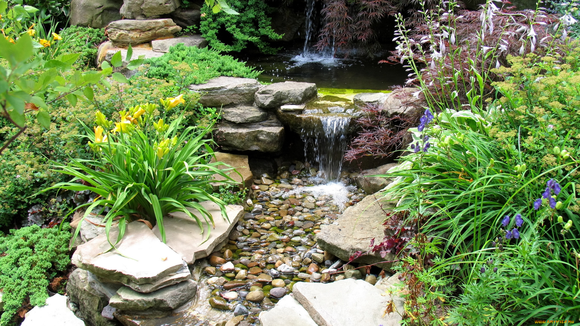 природа, парк, водопад, сад, камни