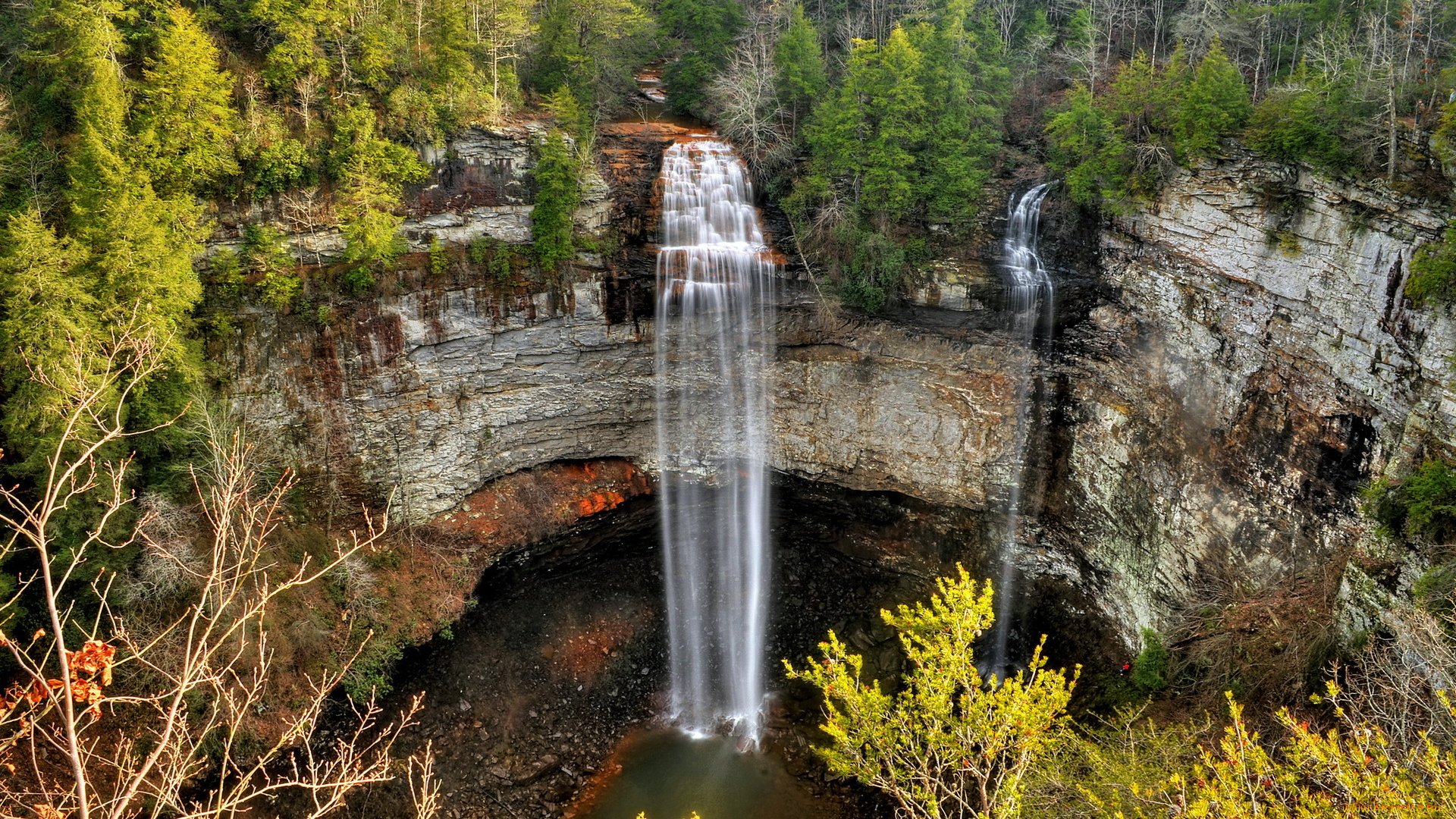 природа, водопады, tennessee, state, parks, fall, creek, falls, лес, скала, поток