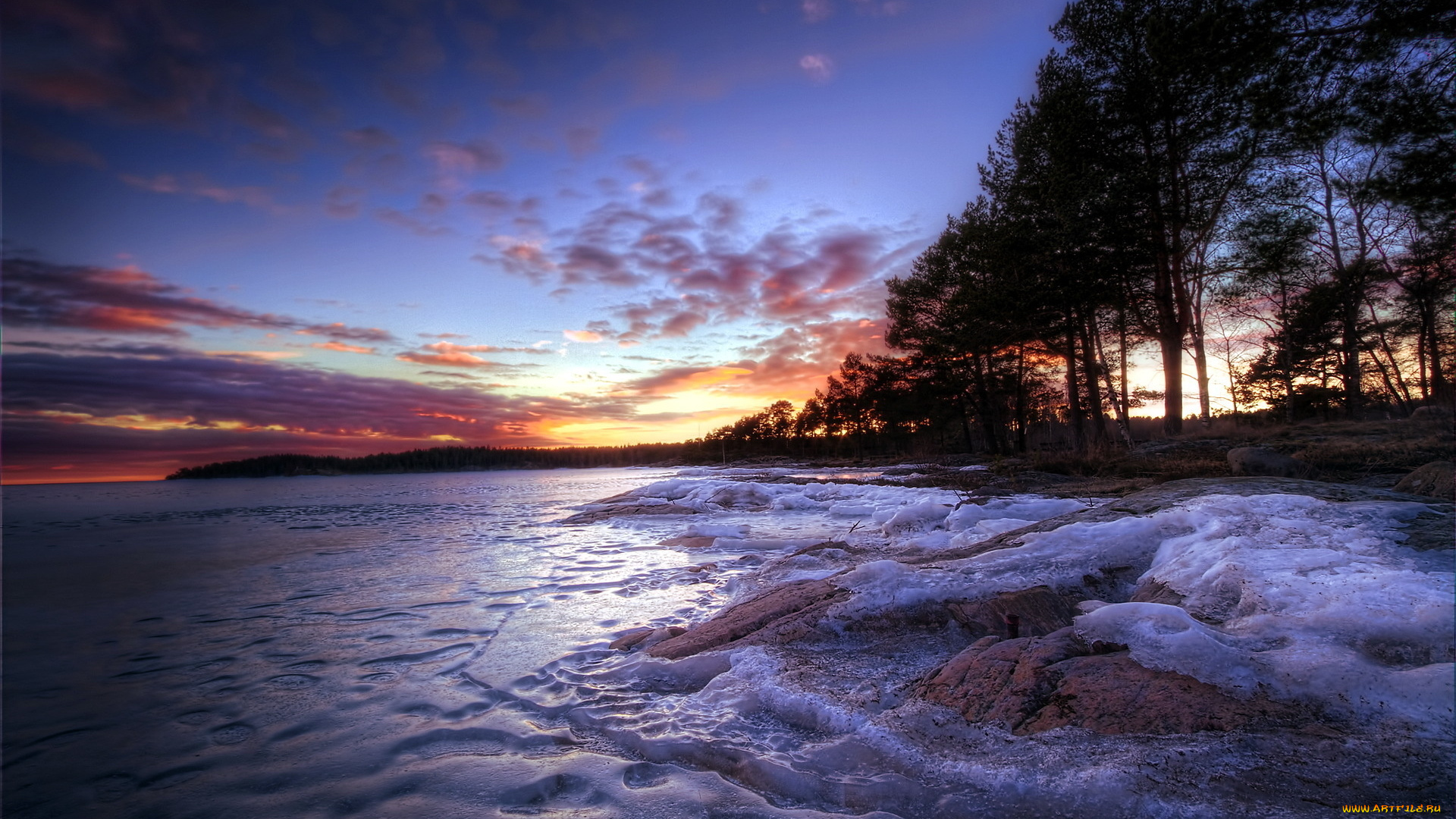 природа, восходы, закаты, река, лед, снег, деревья