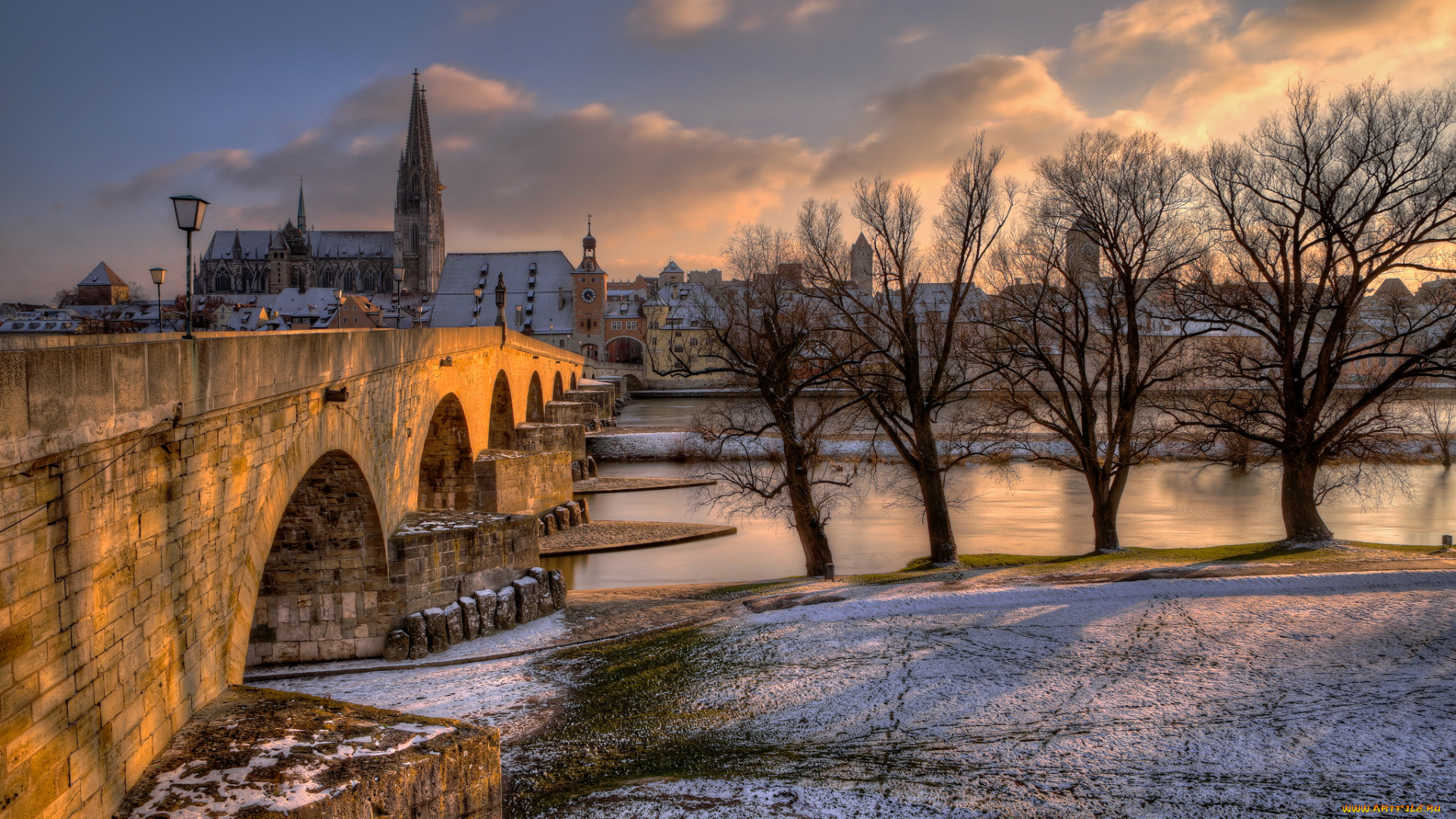 регенсбург, германия, города, мост, река, собор, зима