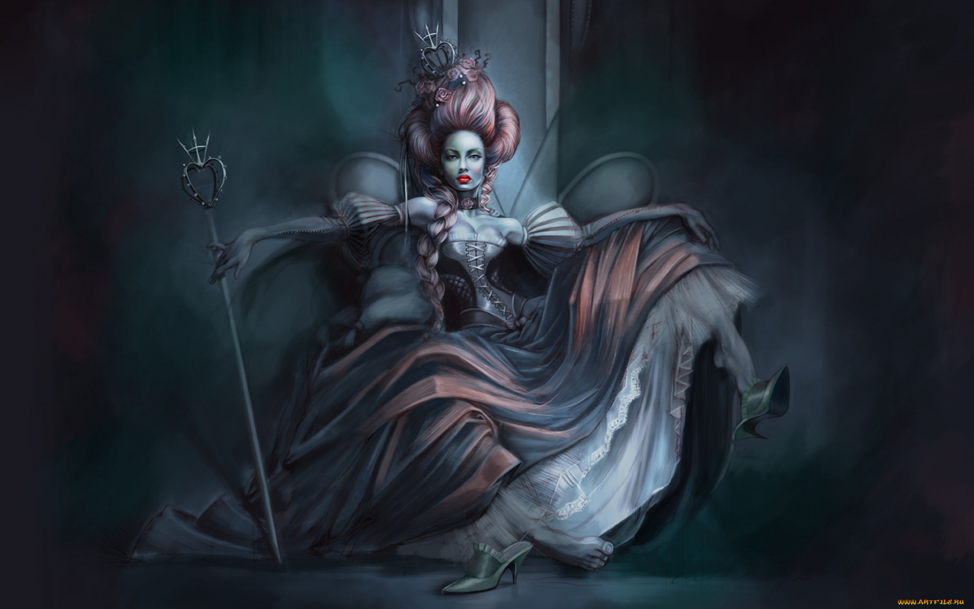 фэнтези, девушки, корона, коса, поза, трон, девушка