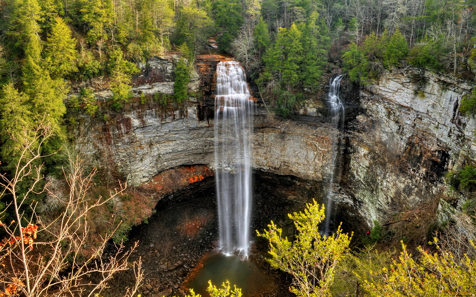 природа, водопады, tennessee, state, parks, fall, creek, falls, лес, скала, поток