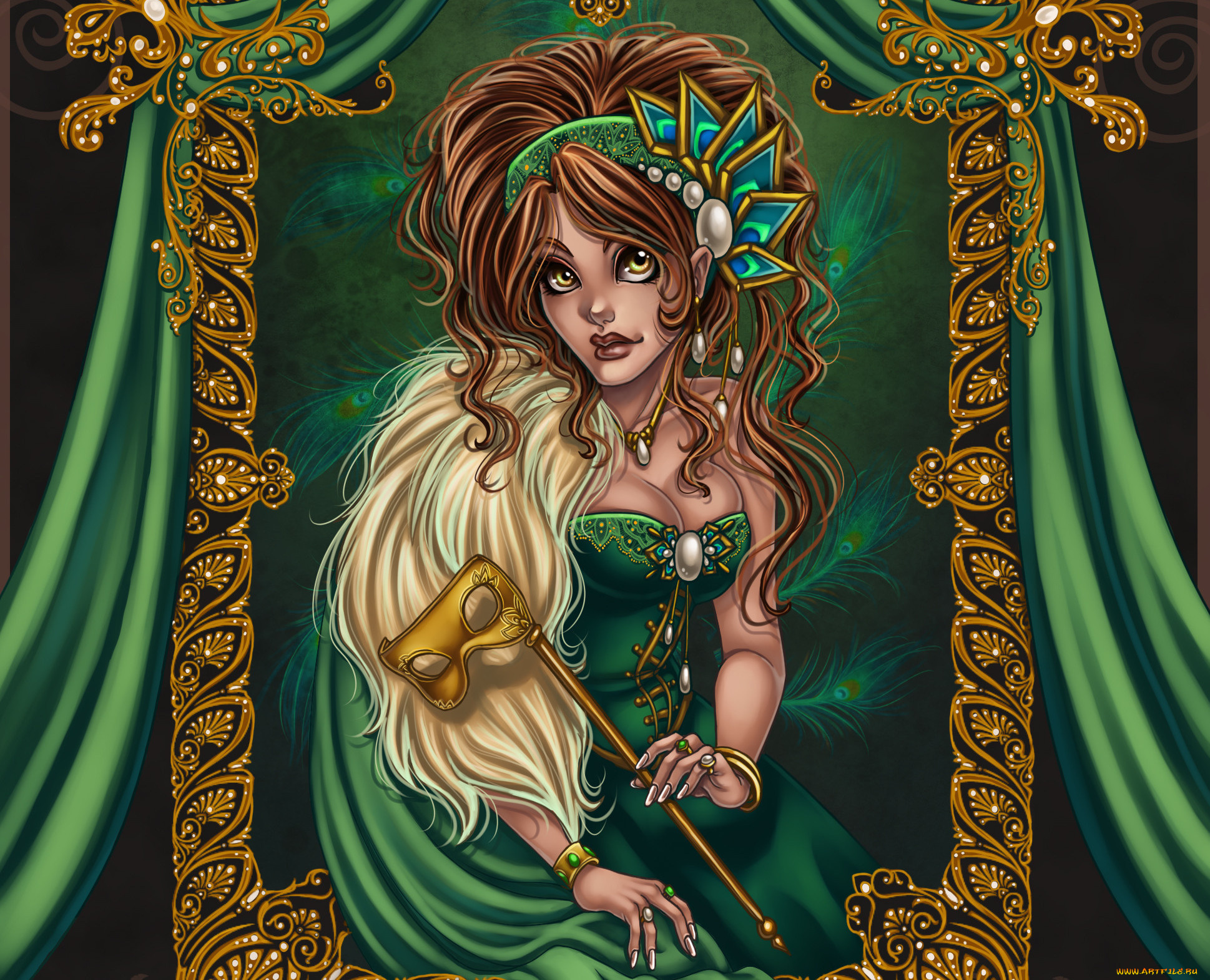 фэнтези, девушки, платье, портрет, рамка, жемчуг, кудри, руки, серьги, волосы, взгляд, украшения, маска, лицо, глаза, губы