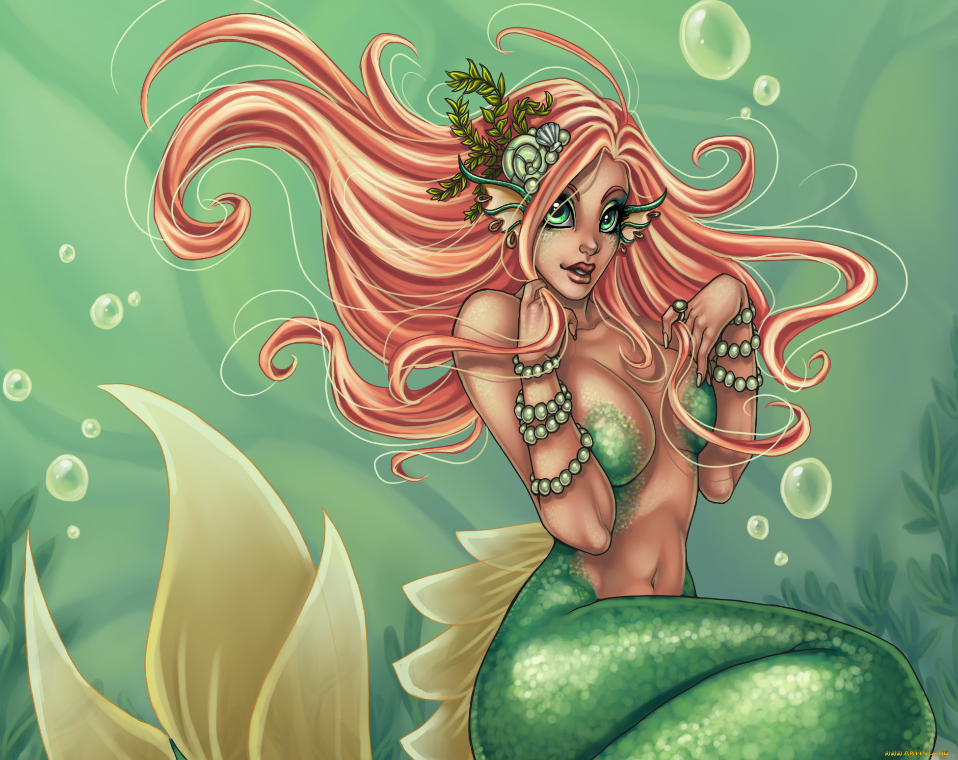 фэнтези, русалки, лицо, жемчуг, волосы, ракушки, русалка, хвост, дно, моря, пузырьки, взгляд
