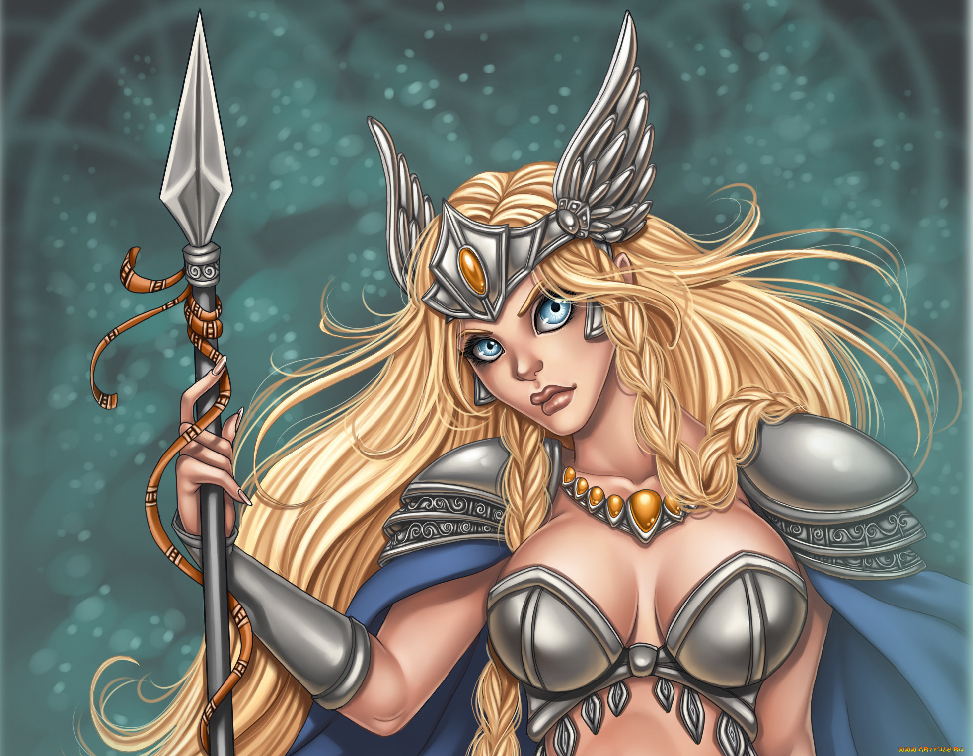 фэнтези, девушки, доспехи, украшения, глаза, лицо, косичка, волосы, копье, девушка, амазонка