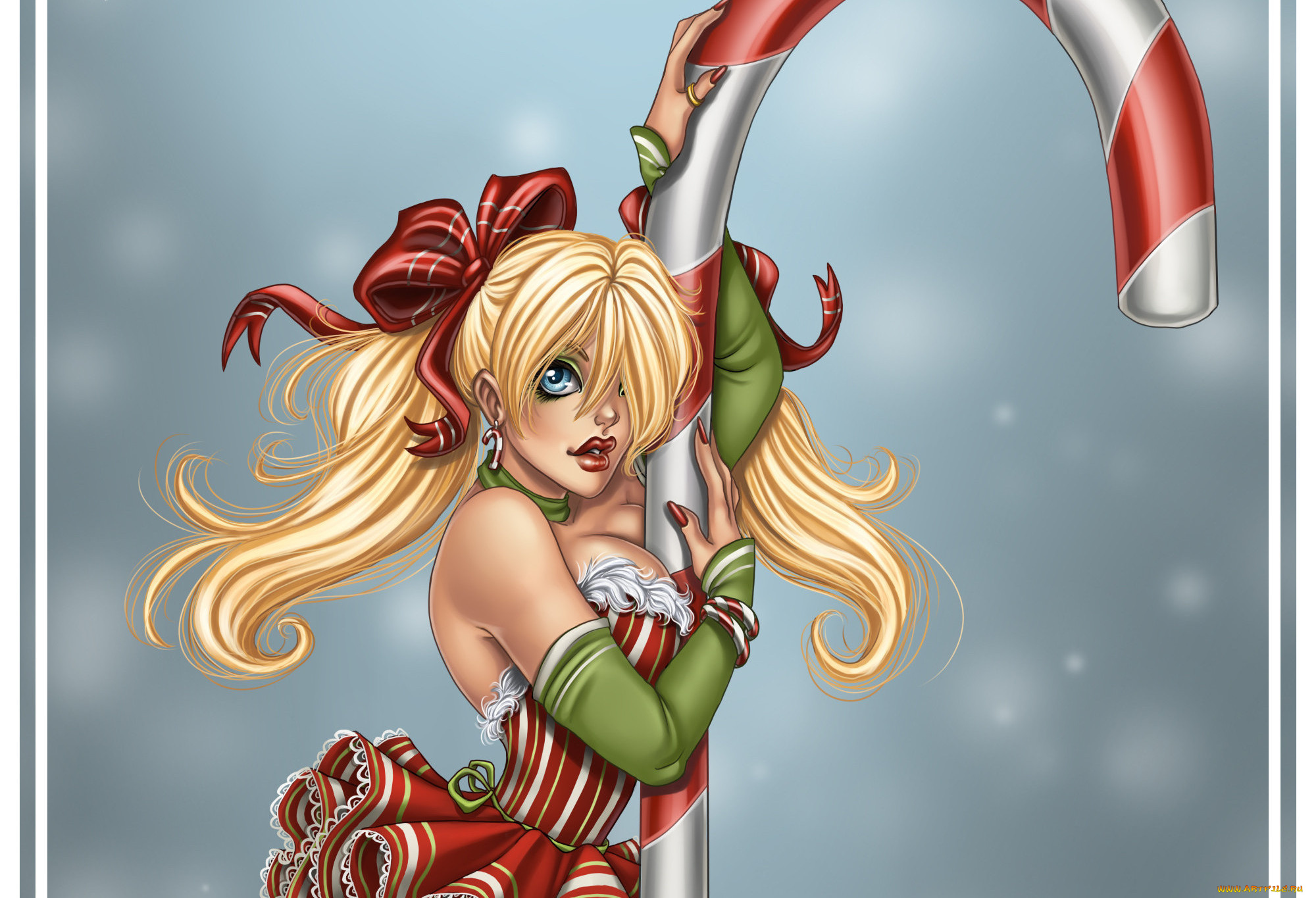 фэнтези, девушки, бантики, платье, красное, волосы, рождество, взгляд, лицо, девушка, harpyqueen, amberly, berendson