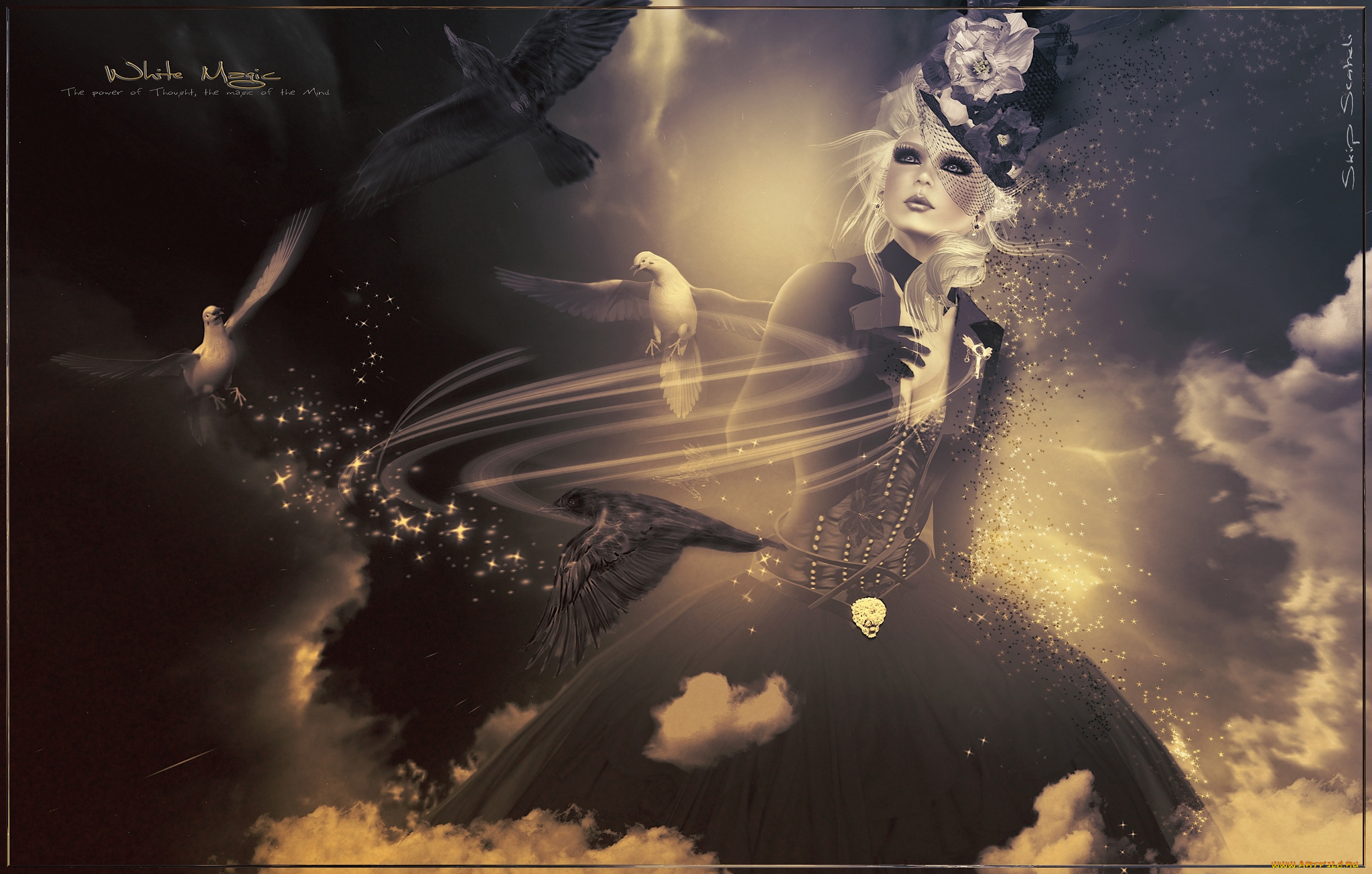 3д, графика, fantasy, фантазия, девушка, вороны, голуби