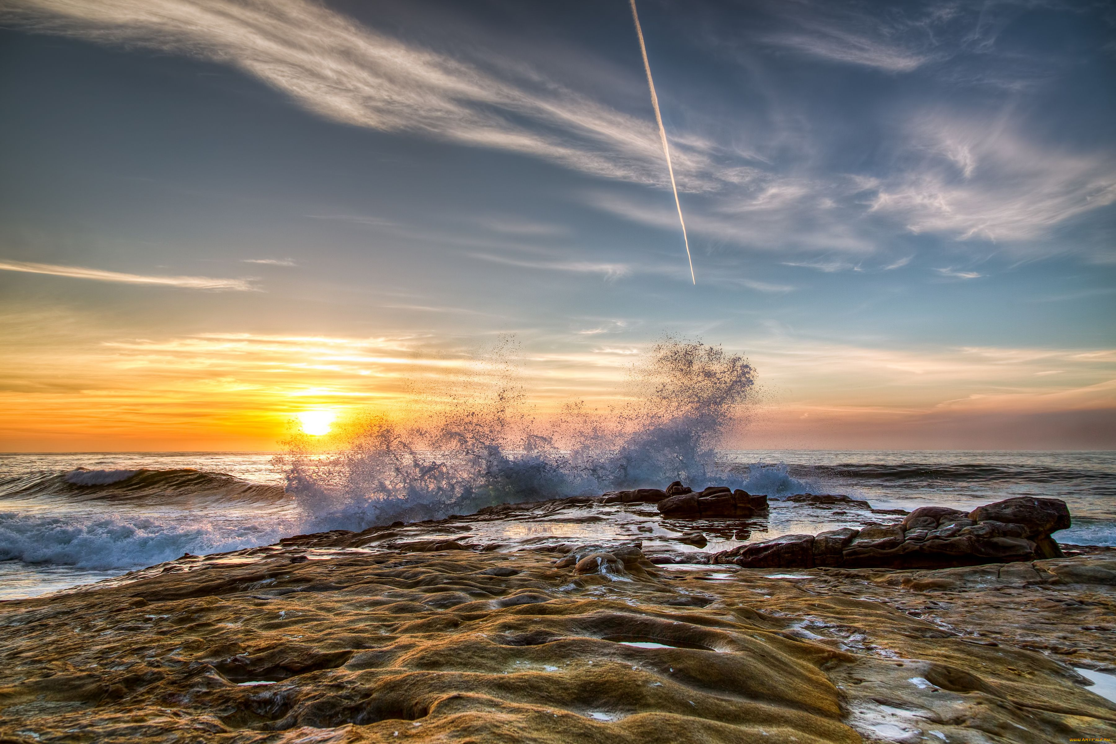 природа, моря, океаны, тихий, океан, прибой, закат, побережье